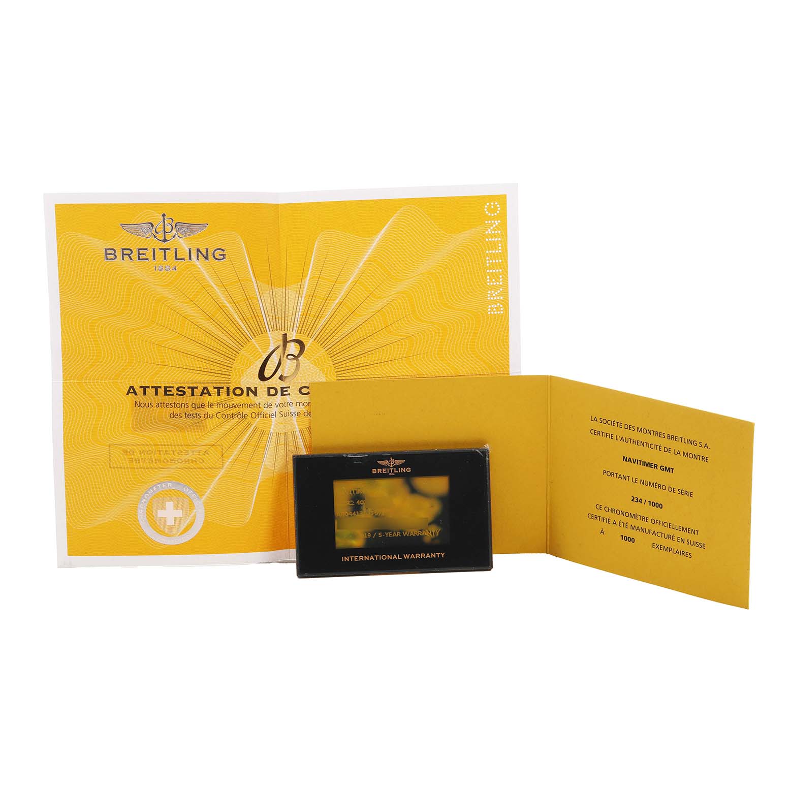 The image shows the documentation and warranty card for a Breitling Navitimer AB0441 Men's Stainless Steel Grey Dial watch.