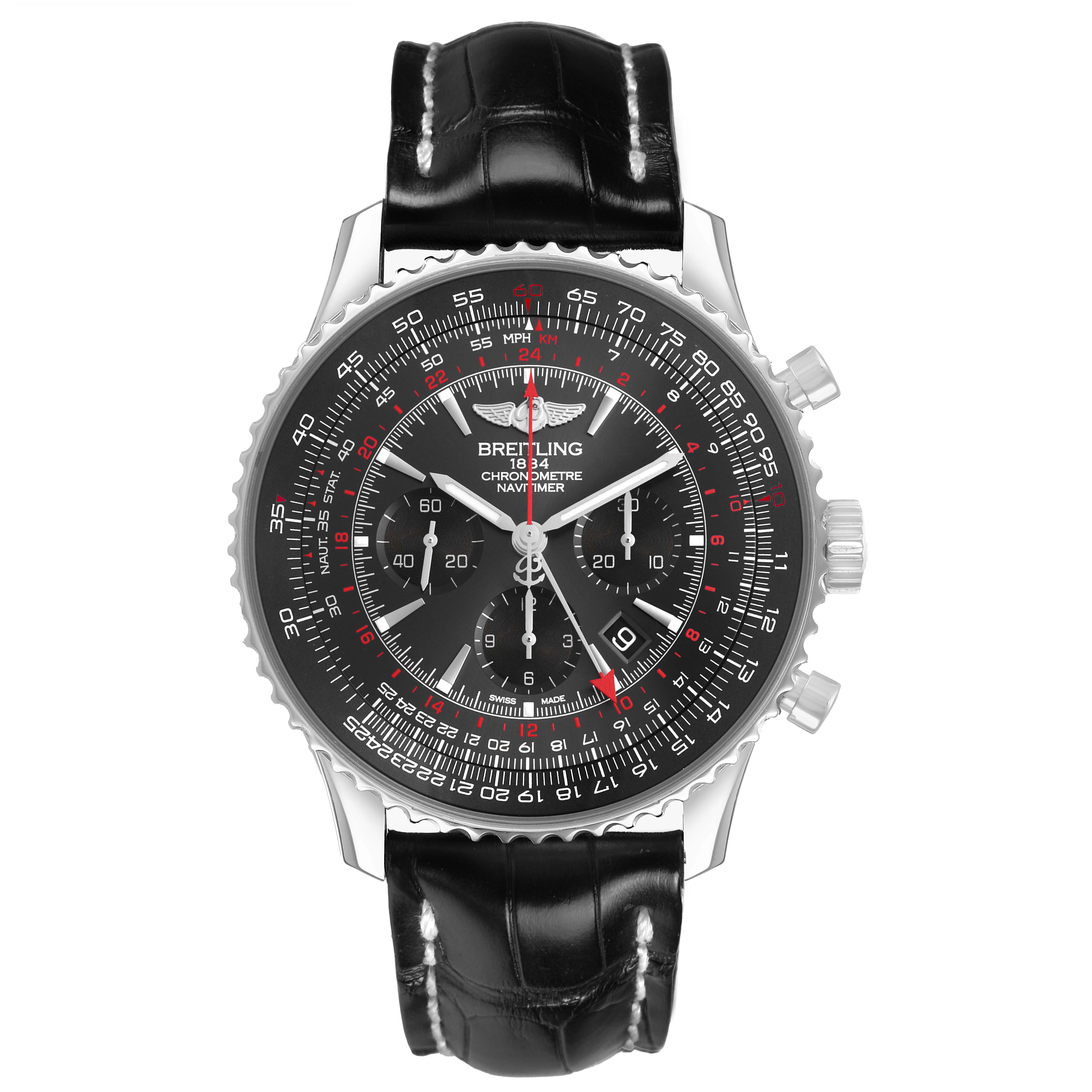 The Breitling Navitimer AB0441 Men's Stainless Steel Grey Dial watch is shown from a top-down angle, highlighting the face, bezel, and leather strap.
