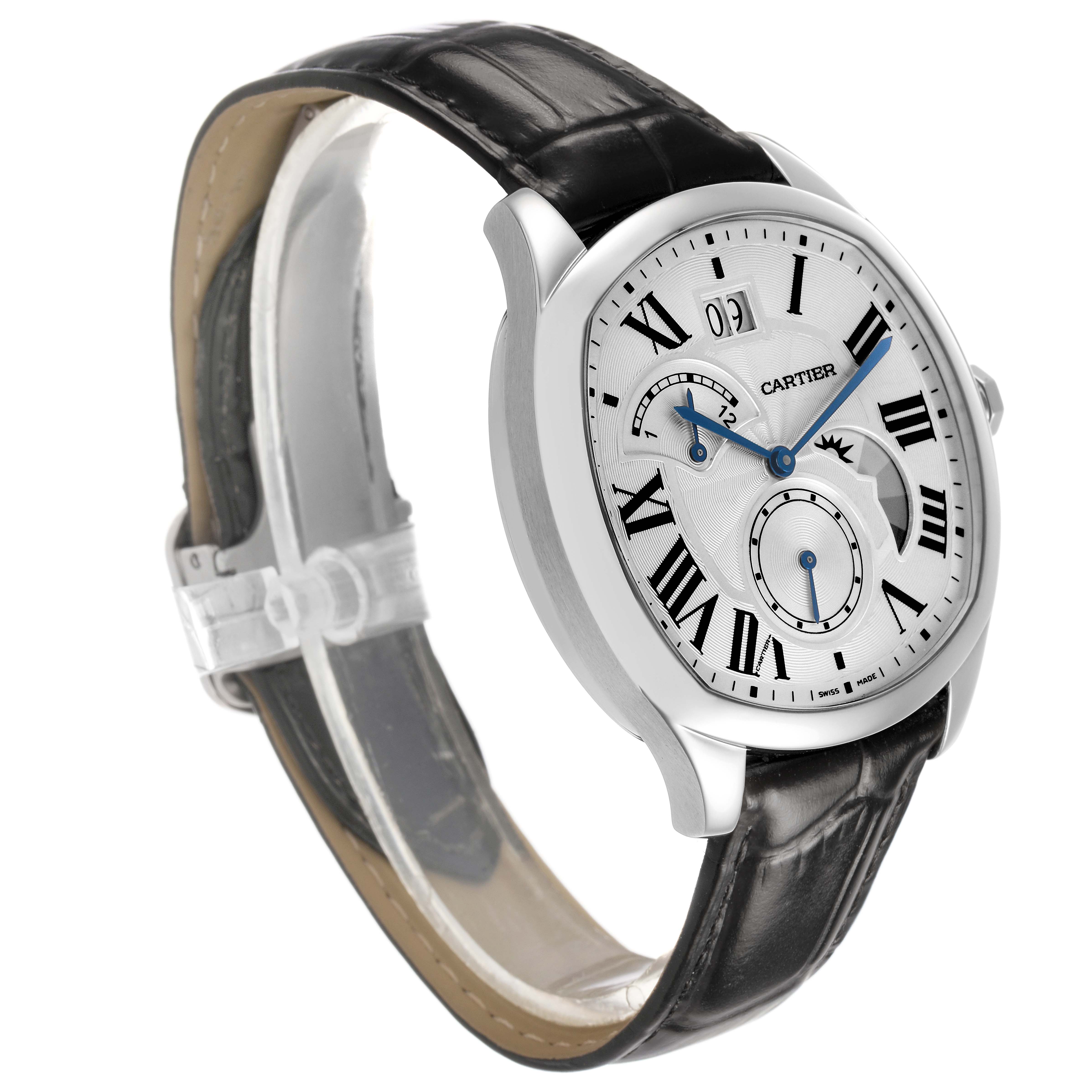 The Drive de Cartier watch is shown at a front-left angle, displaying the dial, case, and leather strap.