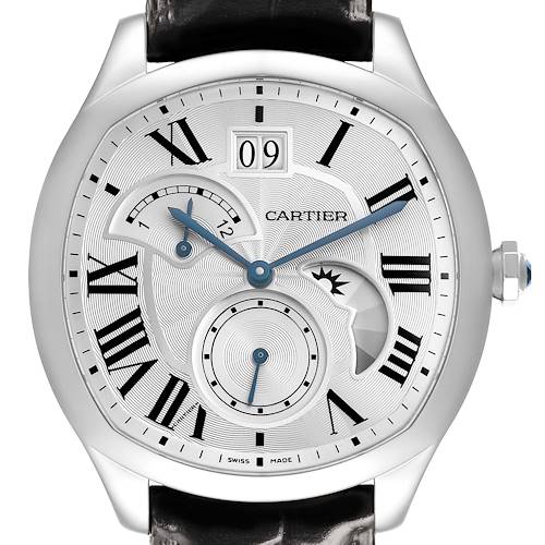 The Drive de Cartier watch is shown from a front view, displaying the dial, Roman numerals, sub-dials, and crown.