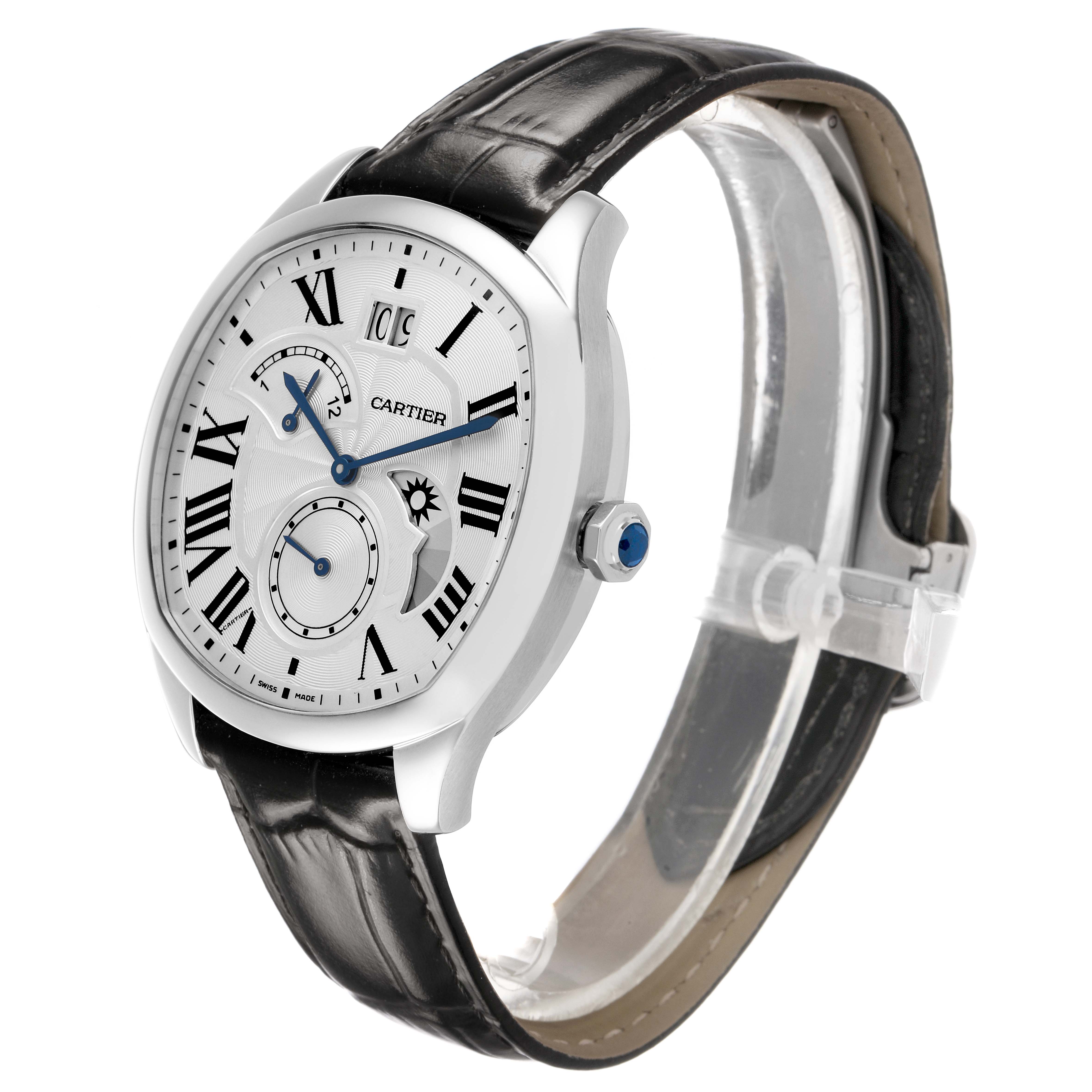 The Drive de Cartier watch is shown at a three-quarter angle, displaying the dial, case, crown, and leather strap.