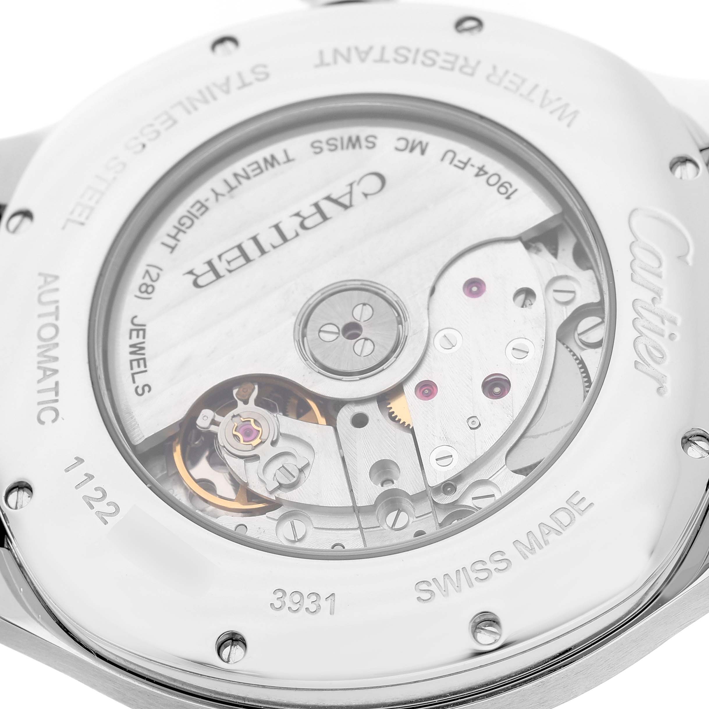 The image shows the back of a Drive de Cartier watch, highlighting its automatic movement and internal mechanics.