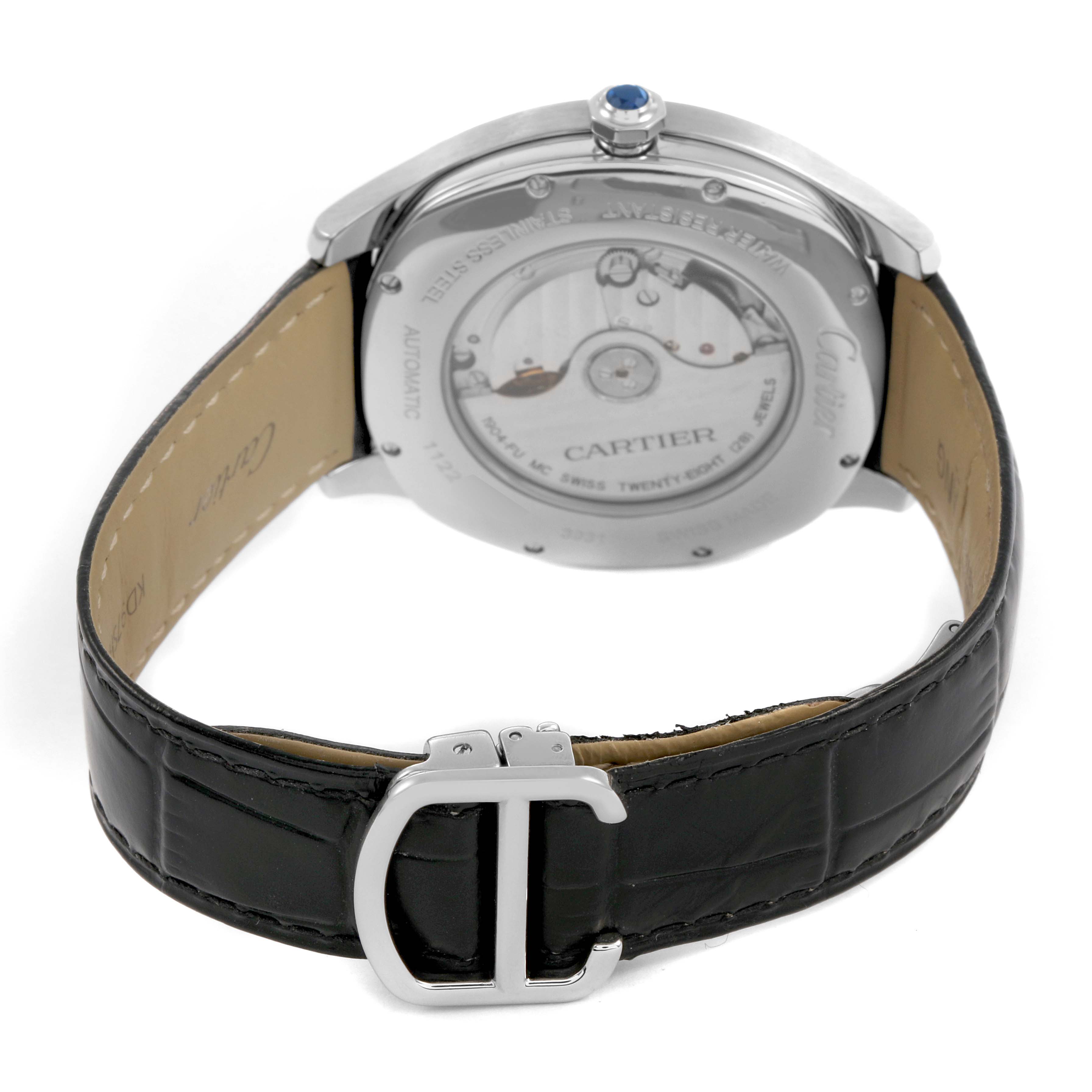 The image shows the back of the Drive de Cartier watch, highlighting its transparent case back and leather strap.