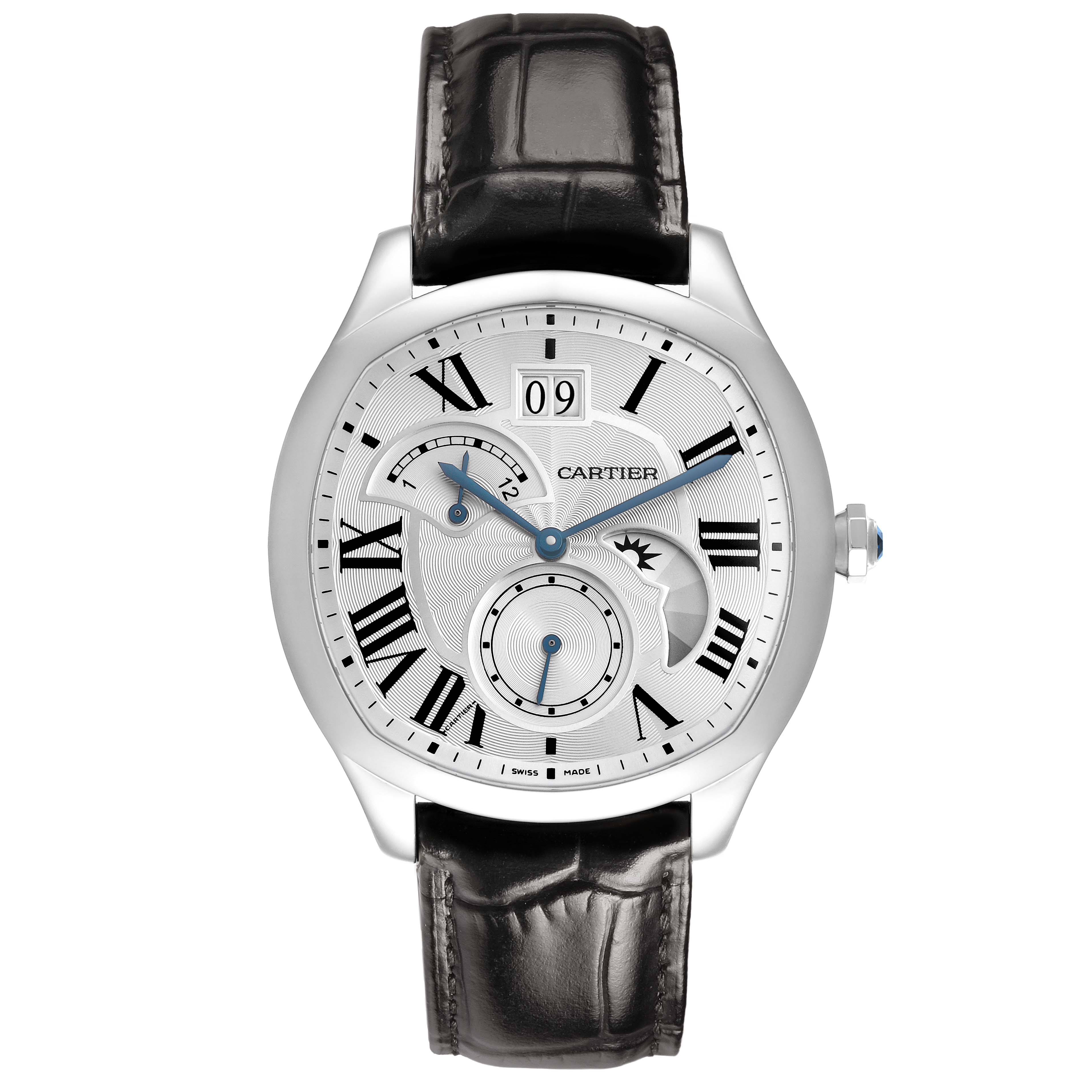 The Drive de Cartier watch is shown from a front angle, featuring its dial, hands, date window, and leather strap.