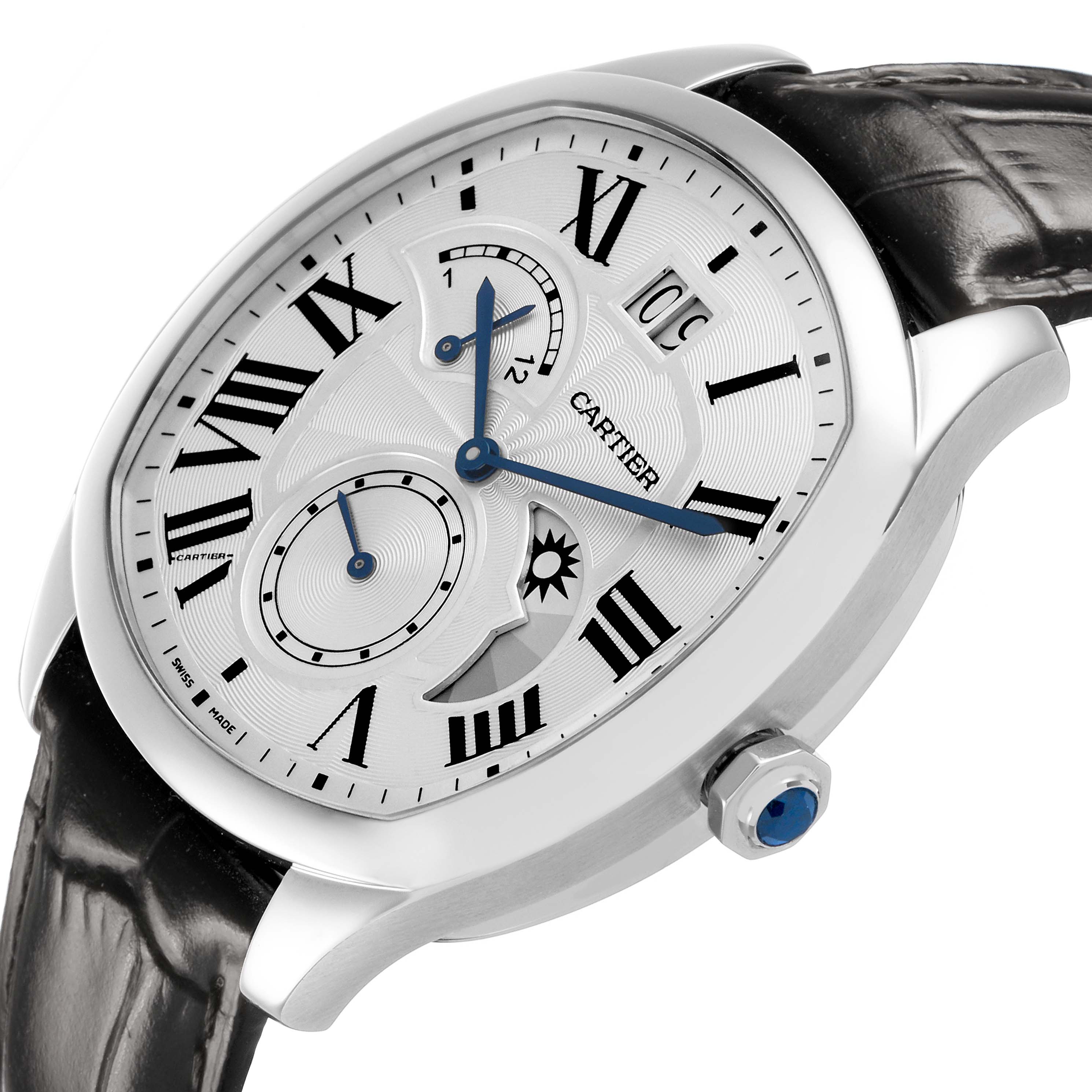 The Drive de Cartier watch is shown at a three-quarter angle, highlighting the face, Roman numerals, sub-dials, and crown, along with a leather strap.
