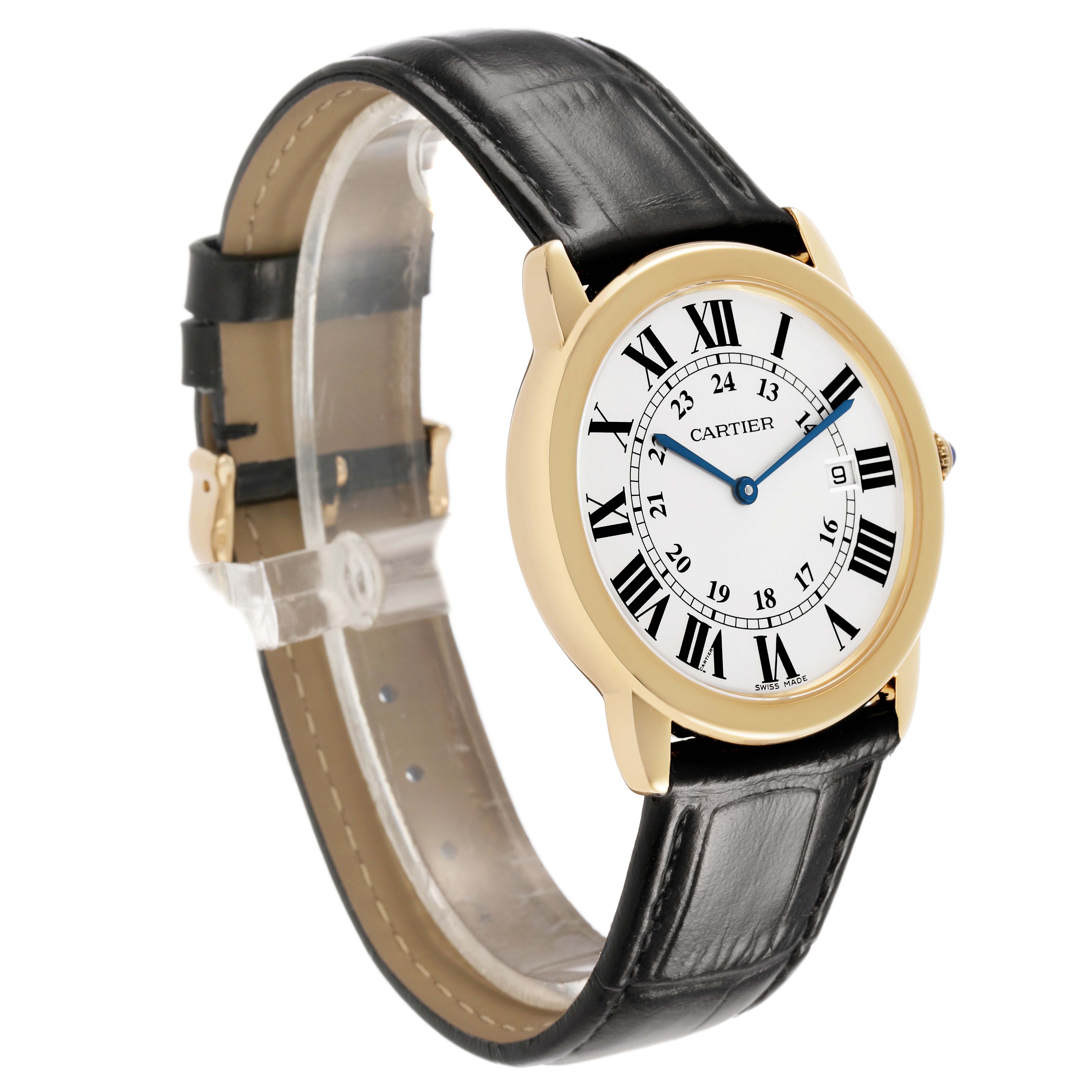 The Cartier Ronde W6700455 Men's Yellow Gold Silver Dial watch is shown at a three-quarter angle, highlighting the face, bezel, and black leather strap.