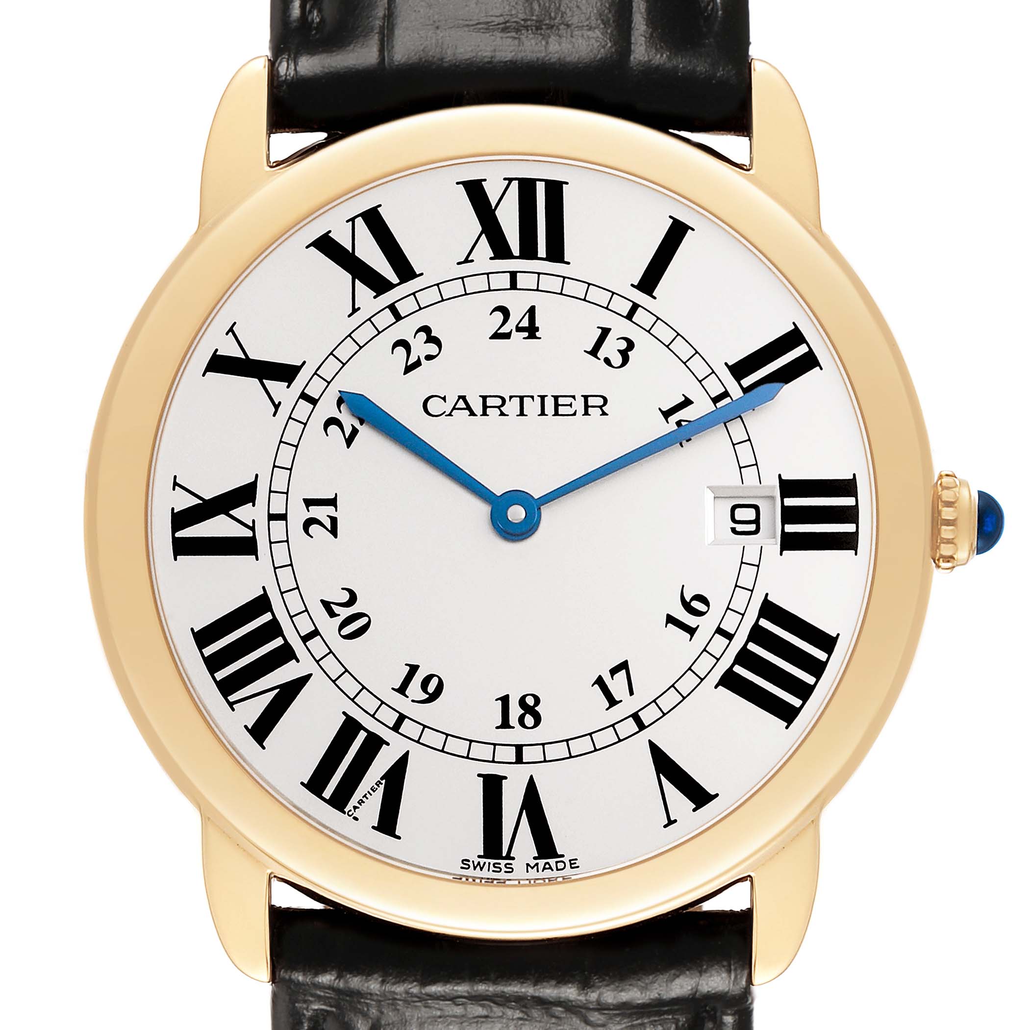 The Cartier Ronde W6700455 Men's Yellow Gold Silver Dial watch is shown from the front, highlighting the dial, Roman numerals, blued hands, date window, and leather strap.