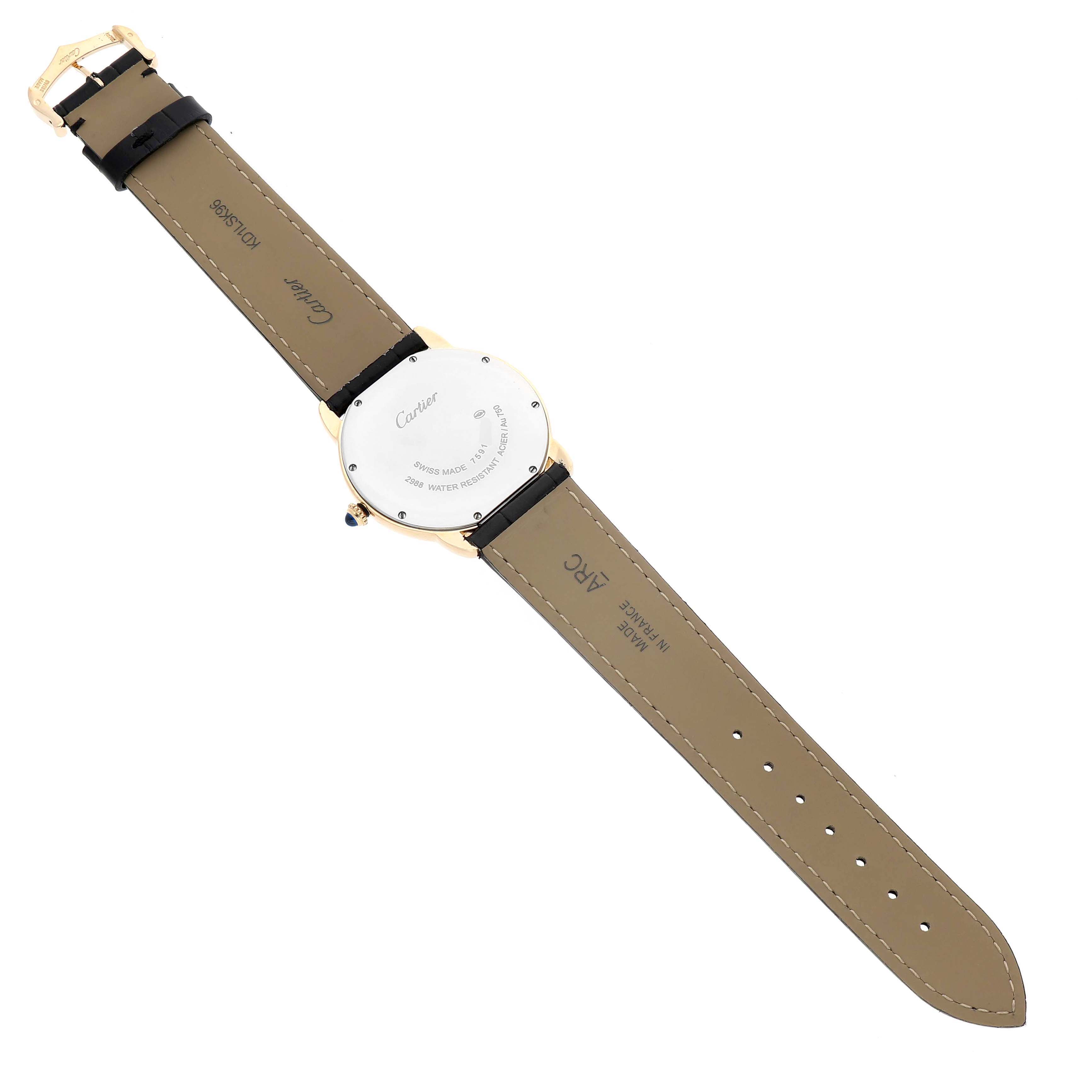 The image shows the back of a Cartier Ronde W6700455 Men's Yellow Gold Silver Dial watch, featuring the case back and leather strap.