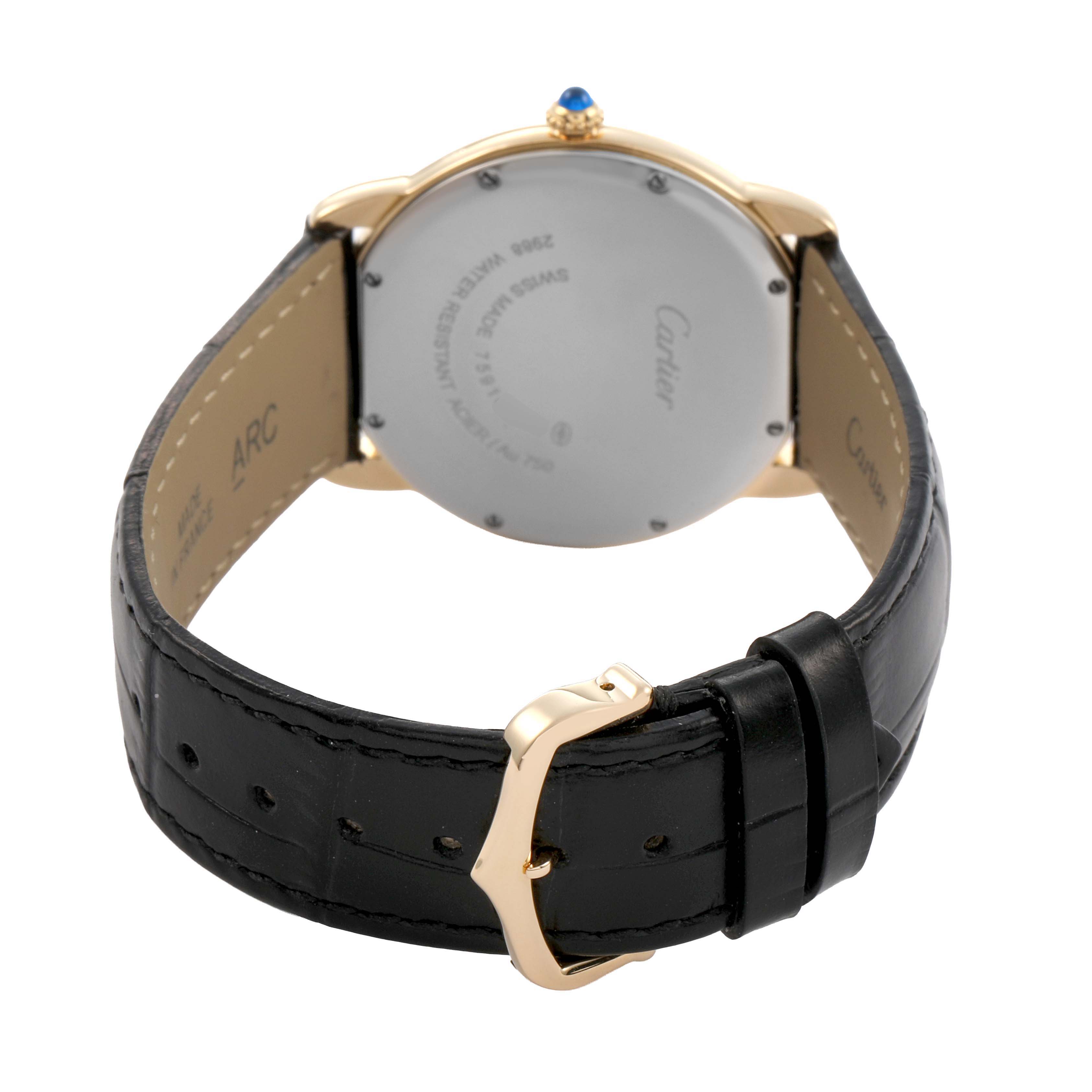 The image shows the back and side of the Cartier Ronde W6700455 Men's Yellow Gold Silver Dial watch, featuring its case back, strap, and buckle.