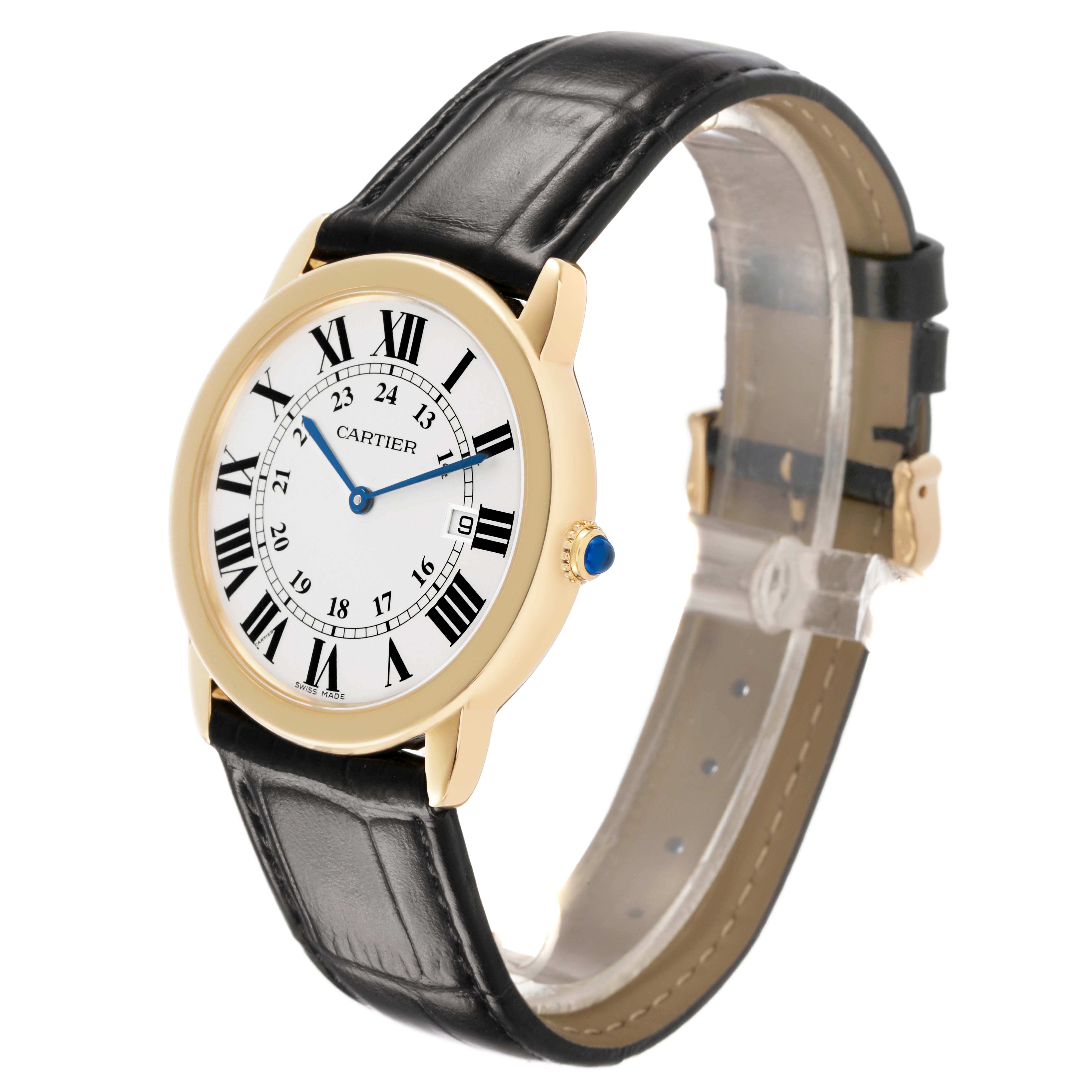 The Cartier Ronde W6700455 Men's Yellow Gold Silver Dial watch is shown at a slight angle highlighting the gold case, black leather strap, and Roman numeral dial with blue hands.