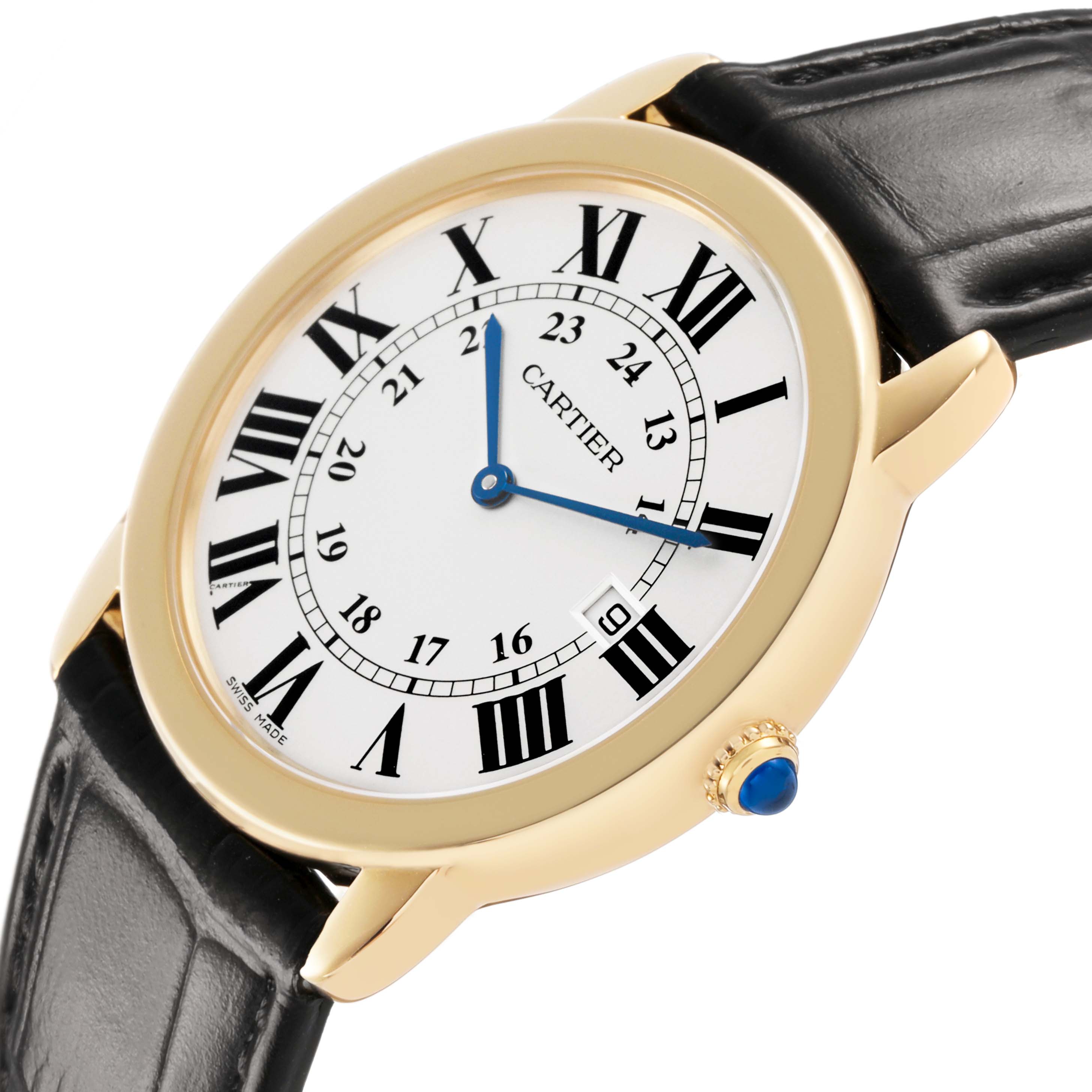The Cartier Ronde W6700455 Men's Yellow Gold Silver Dial watch is shown at a slight angle, highlighting the gold case, blue hands, black Roman numerals, and crown detail.