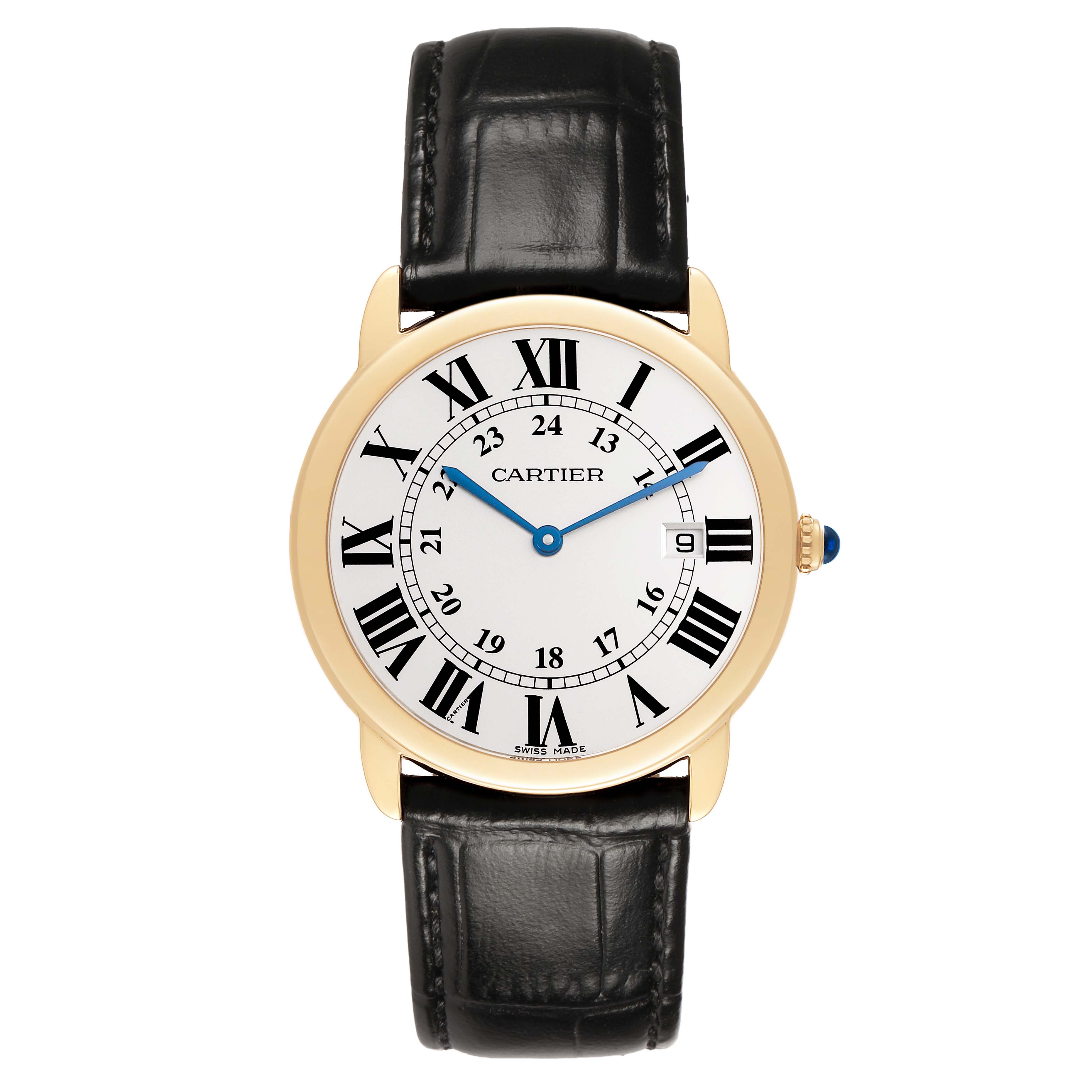 The Cartier Ronde W6700455 Men's Yellow Gold Silver Dial watch is shown from the front, displaying its face, Roman numerals, blue hands, and black leather strap.