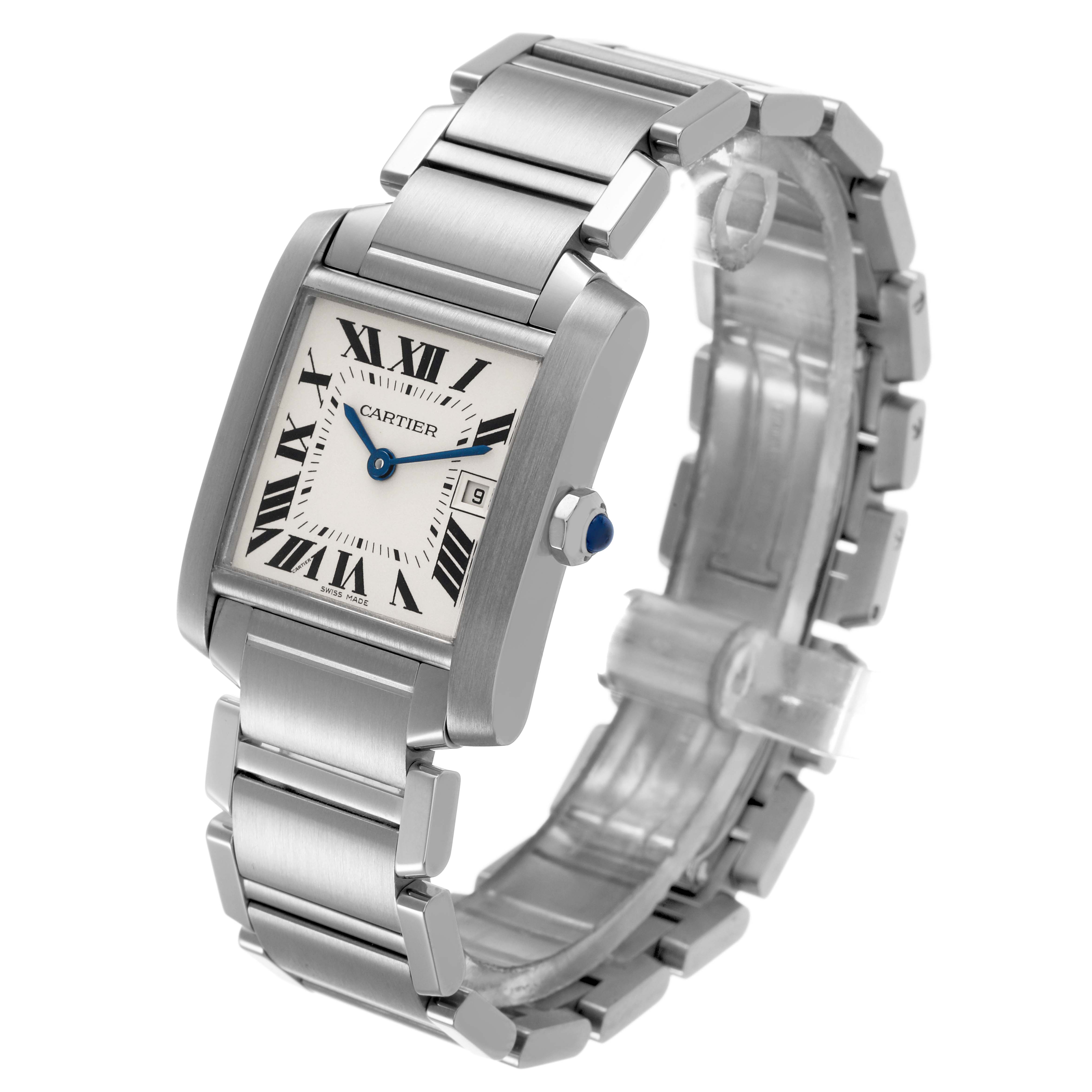 The Cartier Tank Francaise W51011Q3 Women's Stainless Steel Silver Dial watch is shown at a three-quarter angle, displaying its face, bracelet, and crown.