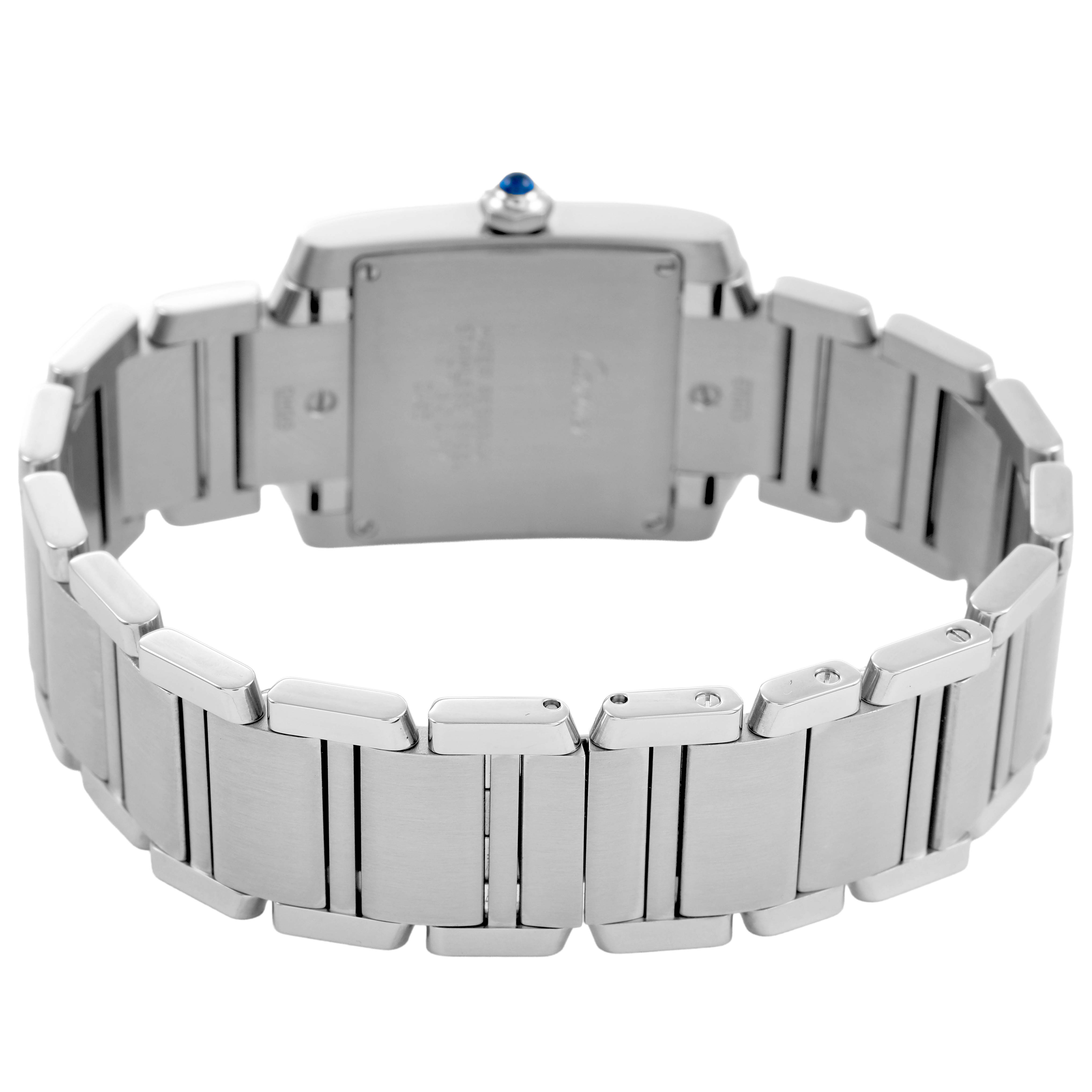 The Cartier Tank Française watch is shown from the back, highlighting its stainless steel bracelet and case back.