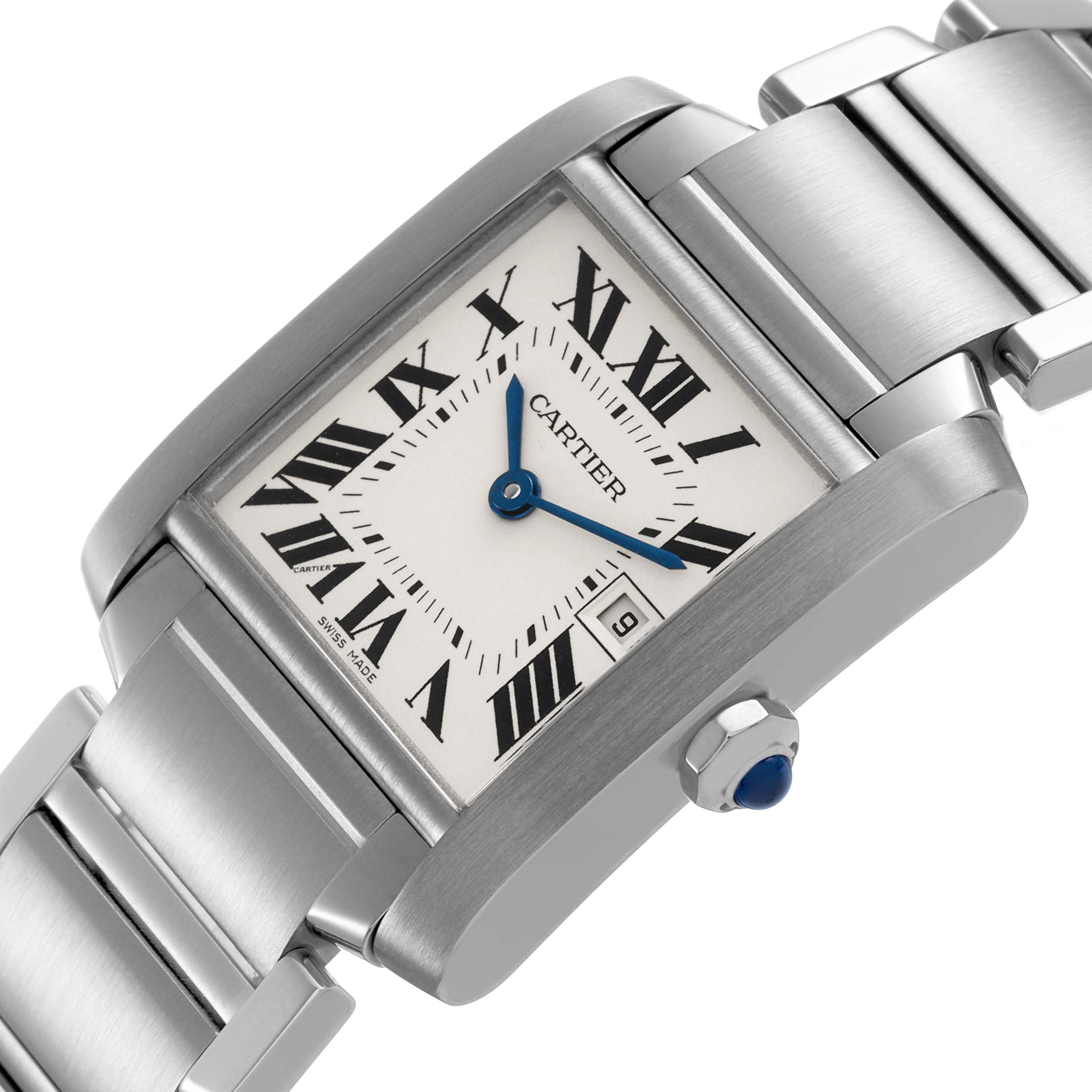 The Cartier Tank Française watch is shown at an angled close-up, highlighting the face, Roman numerals, and bracelet links.