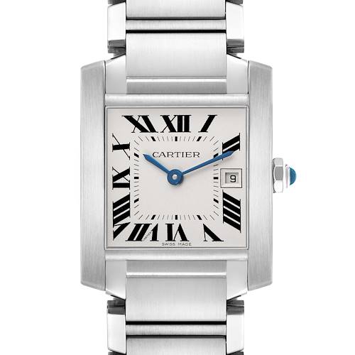 The Cartier Tank Française watch is shown from the front, highlighting its dial, case, and bracelet.