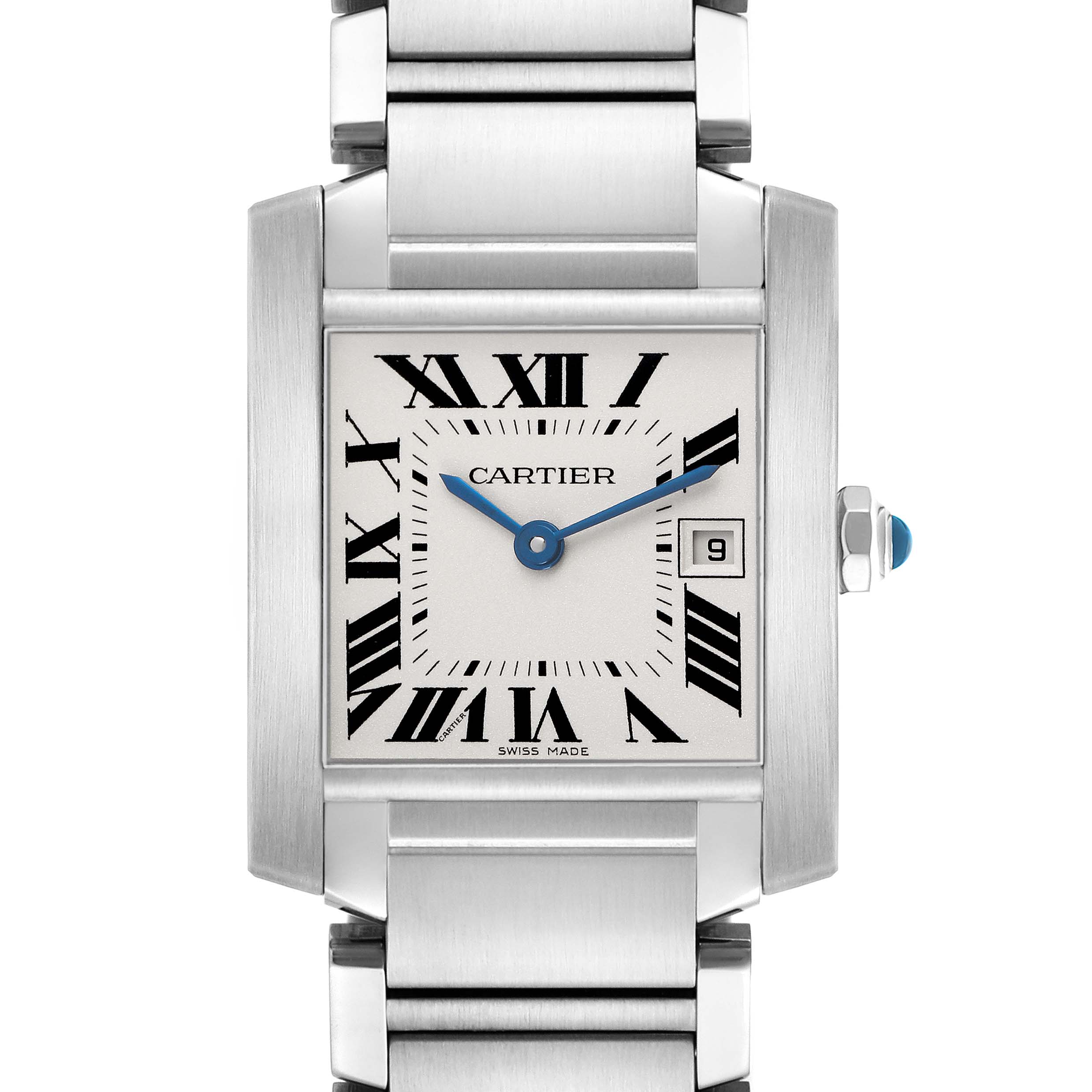 The Cartier Tank Francaise W51011Q3 Women's Stainless Steel Silver Dial watch is shown from a frontal angle, highlighting its square face, Roman numerals, blue hands, and metal bracelet.