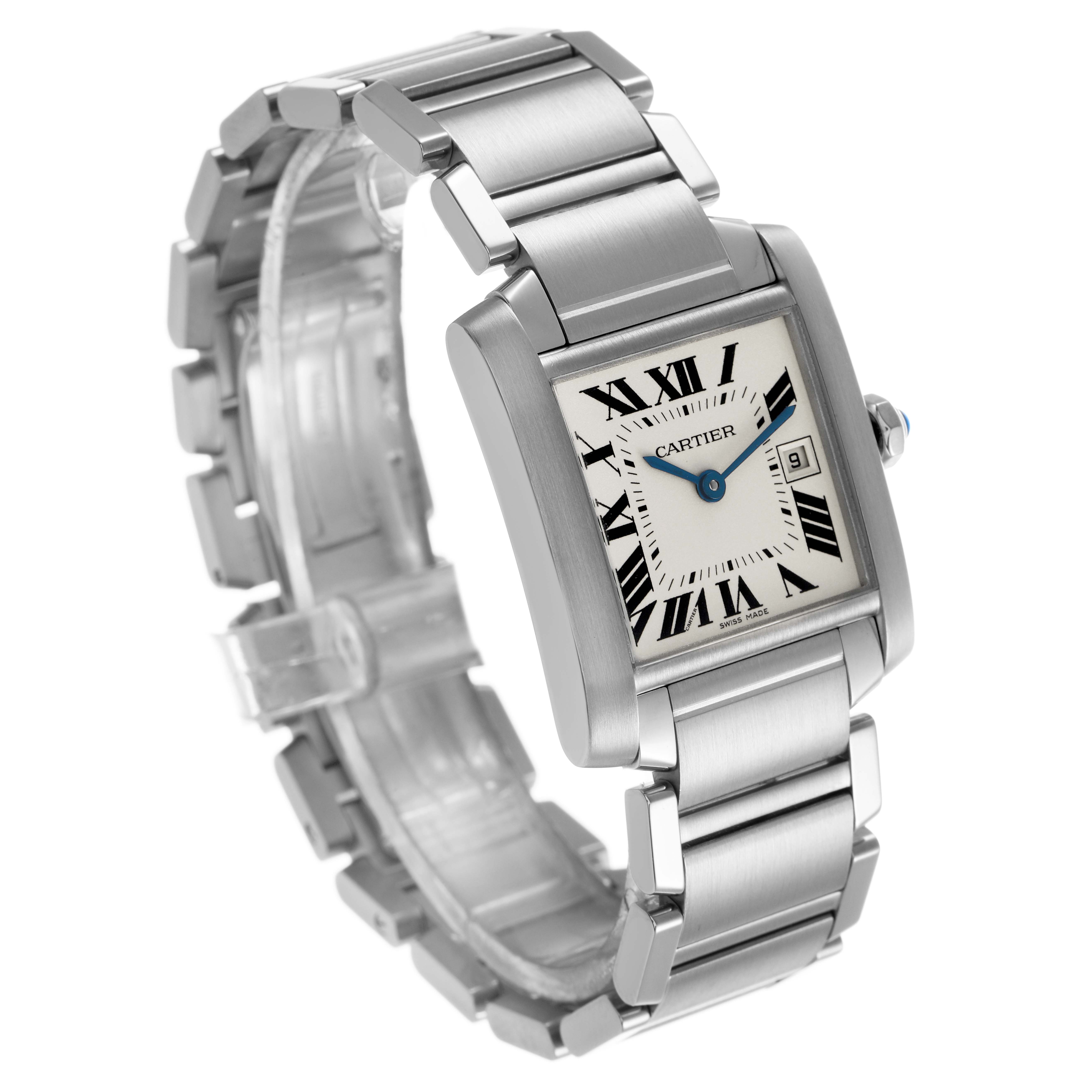 The Cartier Tank Francaise W51011Q3 Women's Stainless Steel Silver Dial watch is shown at a three-quarter angle, highlighting the face, bracelet, and side profile.