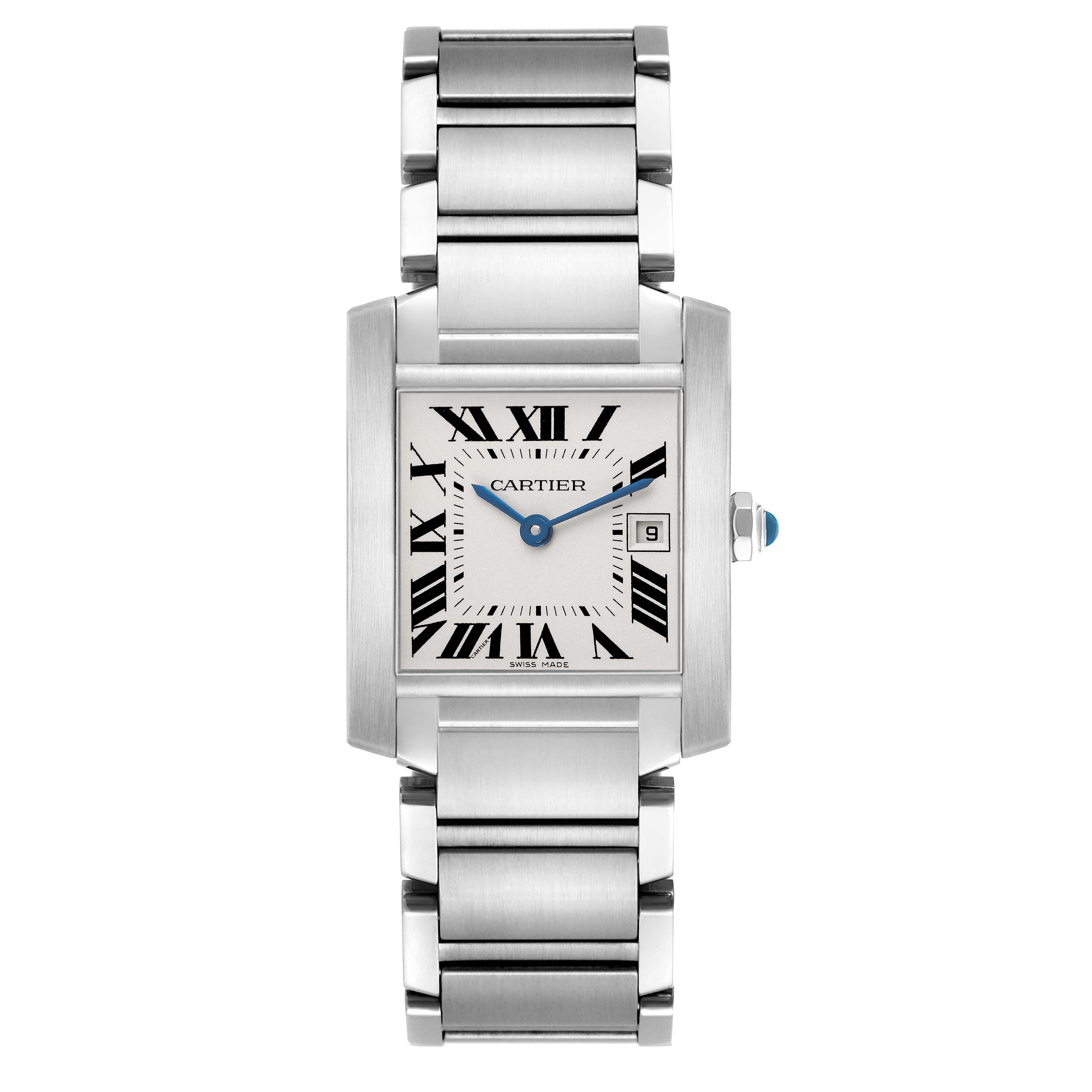 The Cartier Tank Française watch is shown from a front angle, highlighting the rectangular dial, Roman numerals, and metal bracelet.