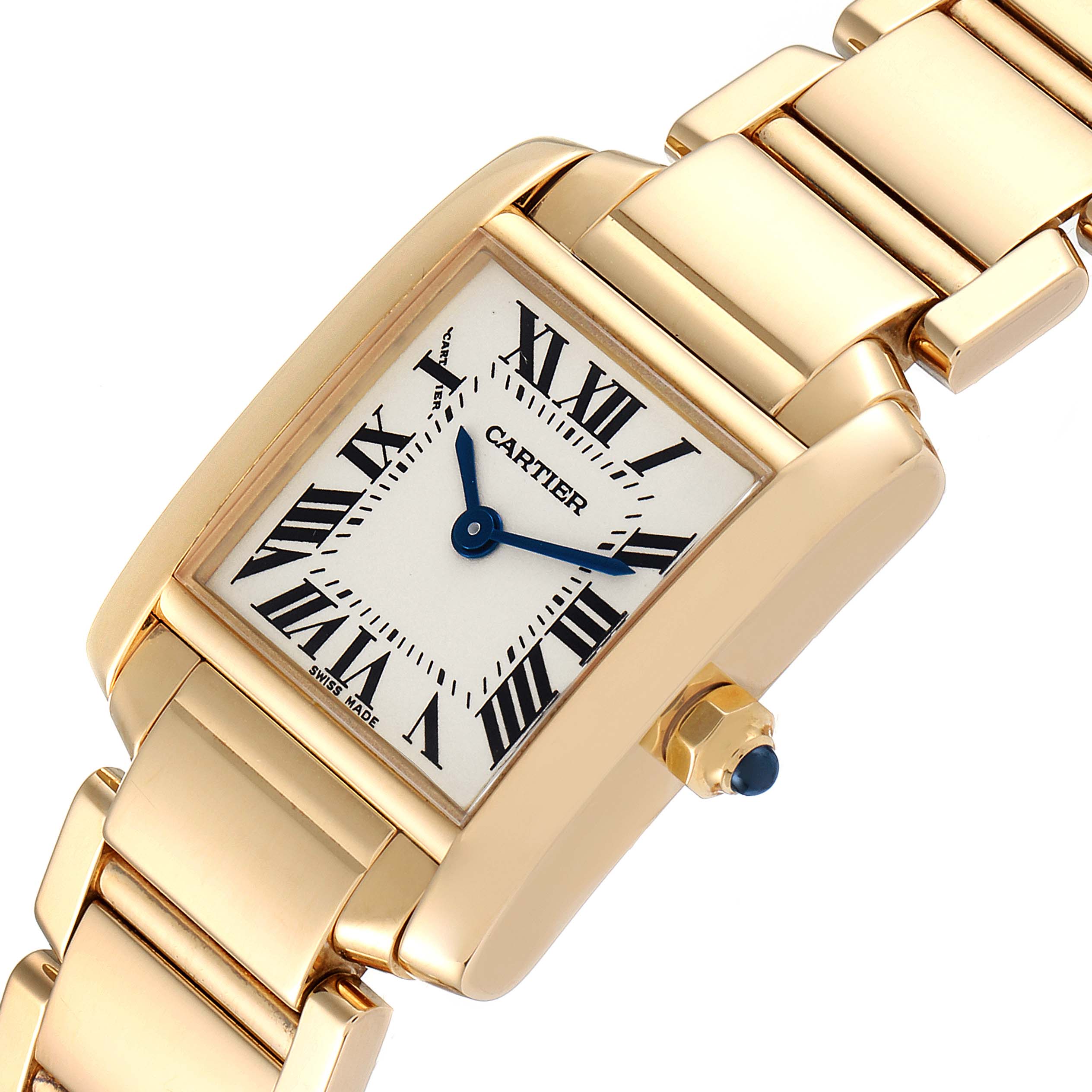This image shows the face, bezel, and part of the bracelet of the Cartier Tank Francaise W50002N2 Women
s Yellow Gold Silver Dial W50002N2 Women
s Yellow Gold Silver Dial watch at an angled view.