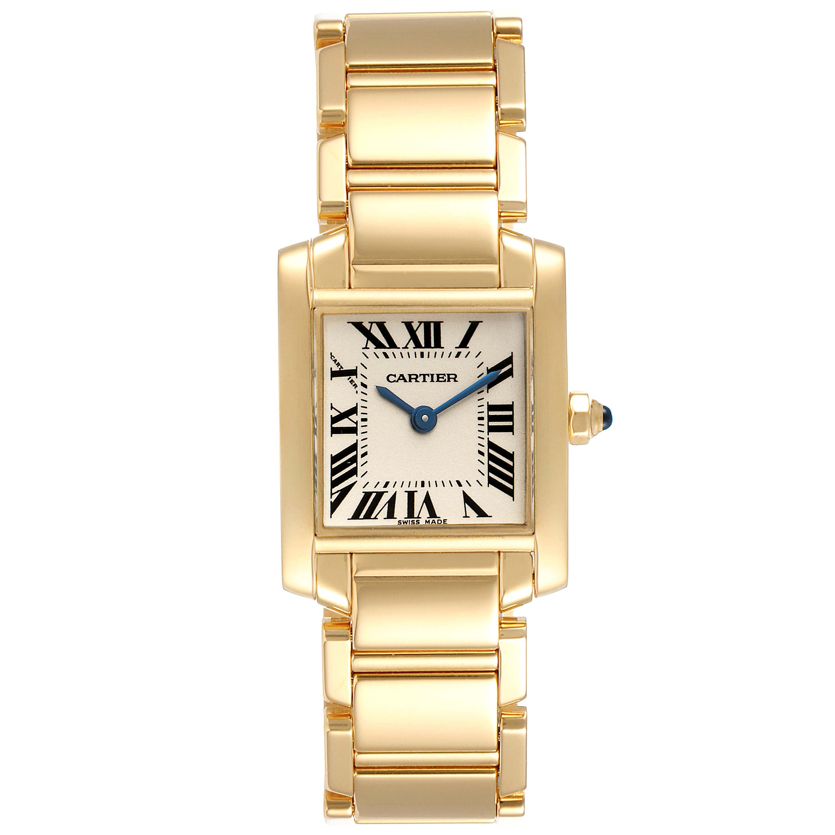 The image shows a front view of the Cartier Tank Française watch, highlighting the rectangular face, blue hands, and golden bracelet.