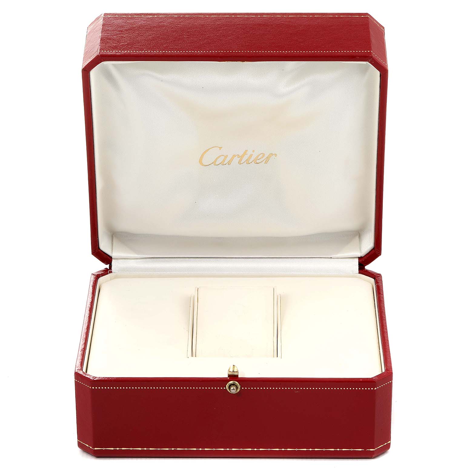 This image shows an open Cartier watch box for the Tank Francaise model, displaying its interior.