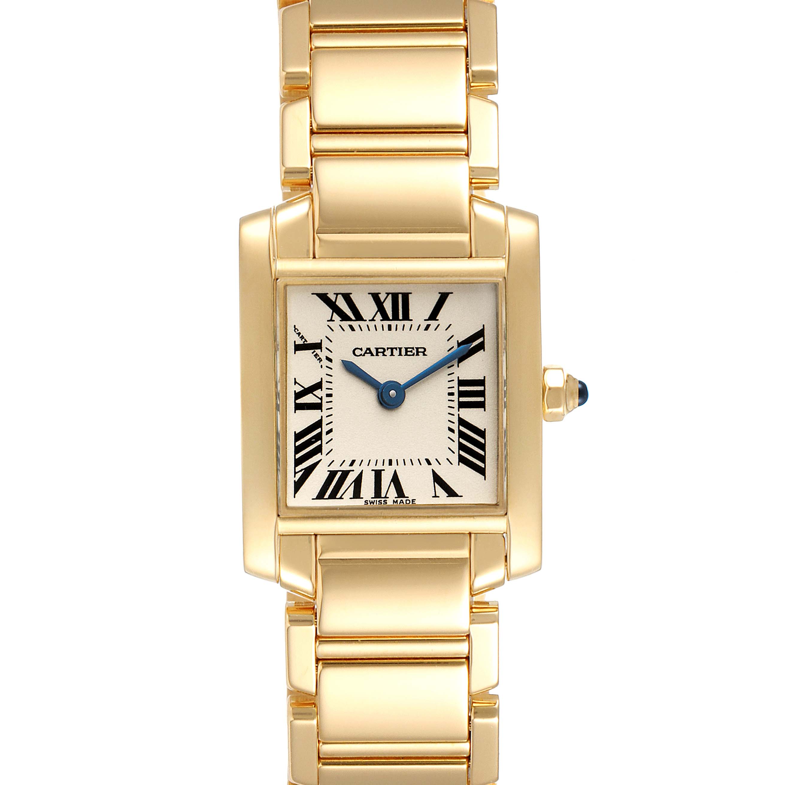 The image shows a full-frontal view of the Cartier Tank Francaise W50002N2 Women
s Yellow Gold Silver Dial W50002N2 Women
s Yellow Gold Silver Dial watch, highlighting its gold bracelet, rectangular case, and Roman numeral dial.