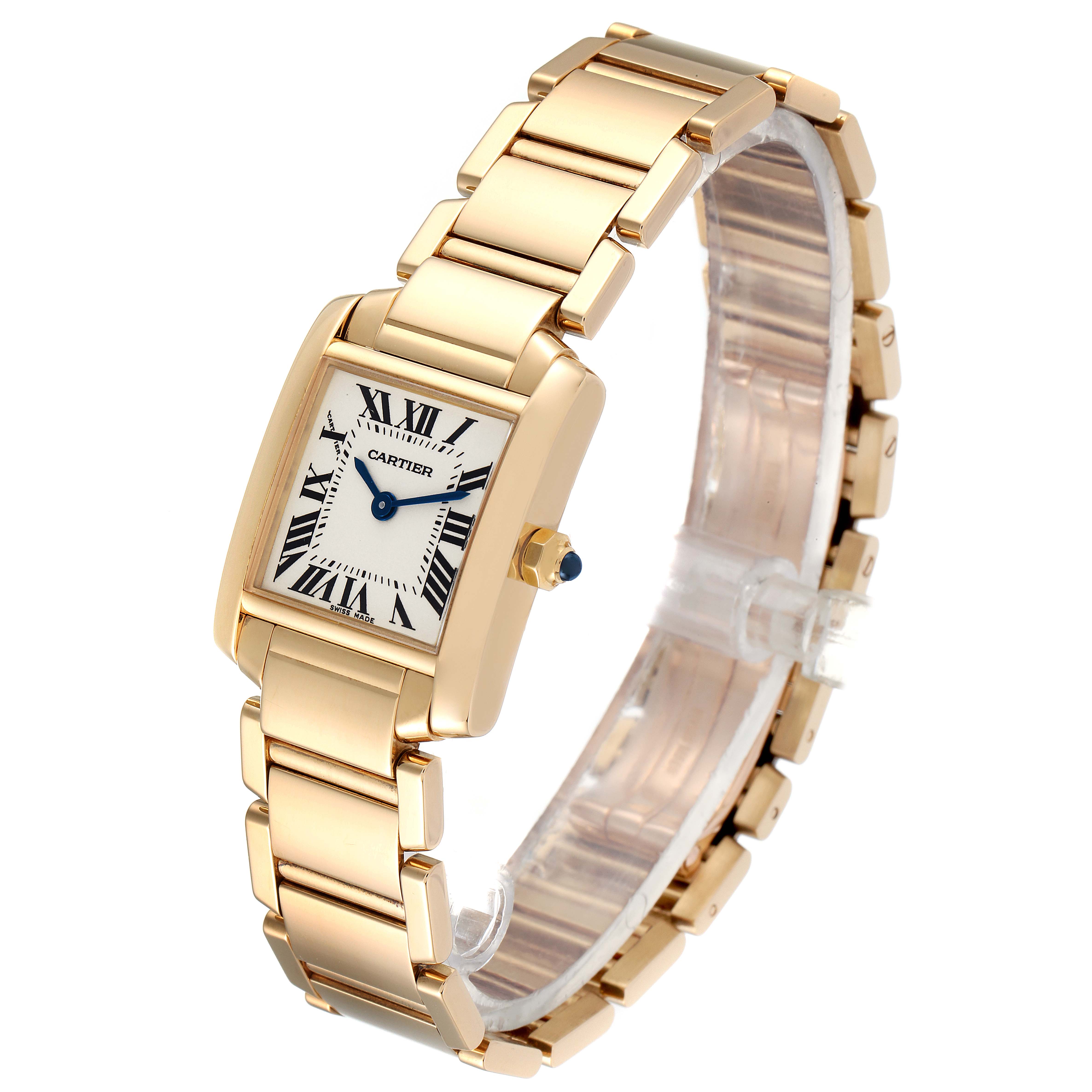 This image shows a Cartier Tank Francaise W50002N2 Women
s Yellow Gold Silver Dial W50002N2 Women
s Yellow Gold Silver Dial watch from a three-quarter angle, highlighting its gold case, bracelet, and dial.