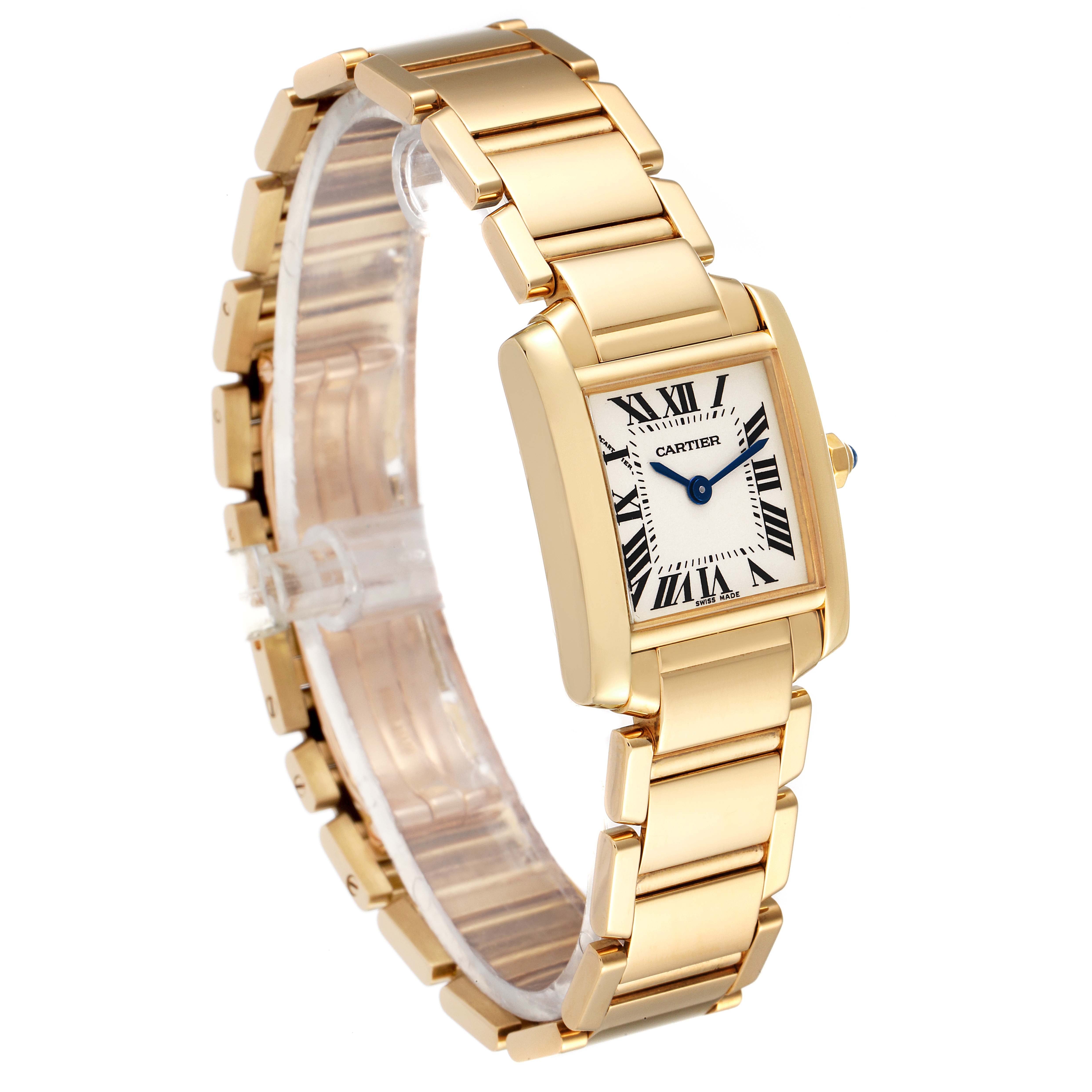 The image shows a gold Cartier Tank Francaise W50002N2 Women
s Yellow Gold Silver Dial W50002N2 Women
s Yellow Gold Silver Dial watch angled from the front and right side, displaying its rectangular face and linked bracelet.