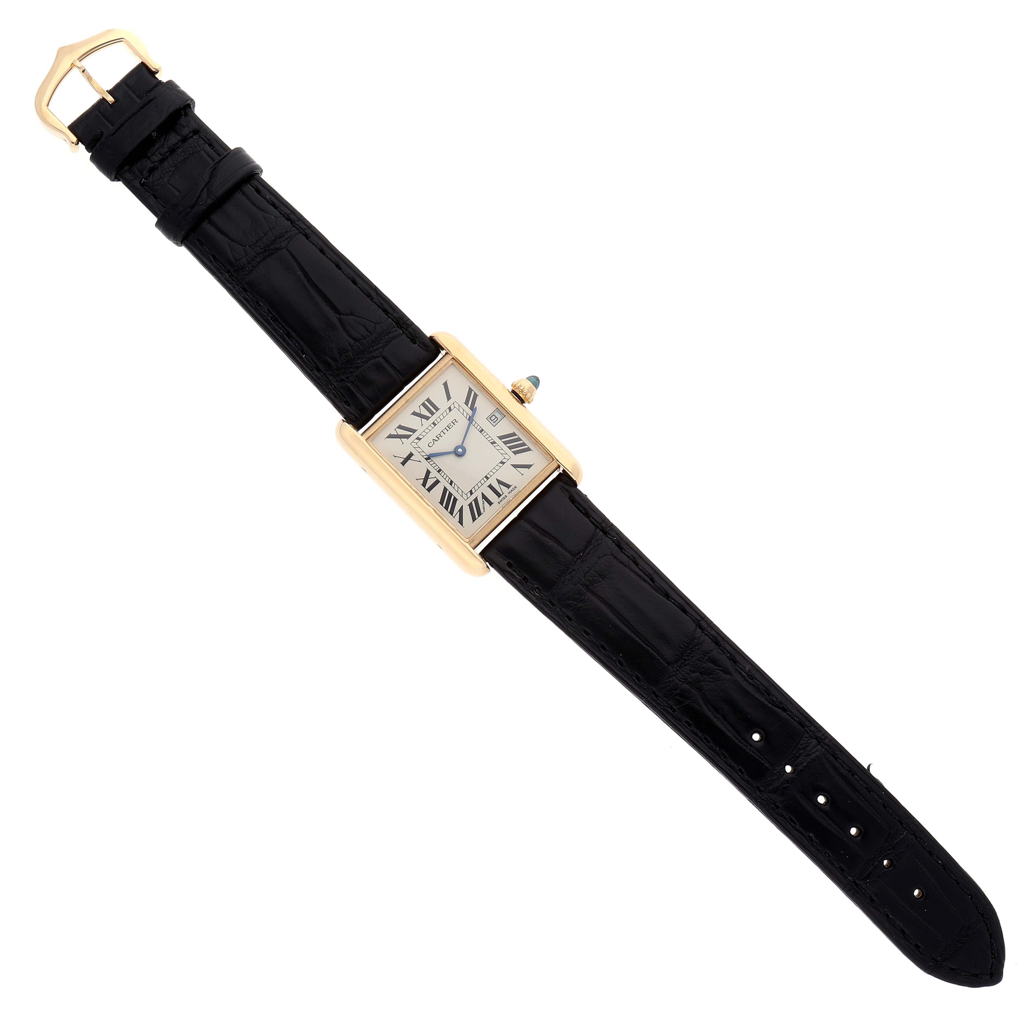 The image shows a top-down view of the Cartier Tank Louis W1529756 Men's Yellow Gold Silver Dial W1529756 Men's Yellow Gold Silver Dial watch, including the face, case, and full leather strap.