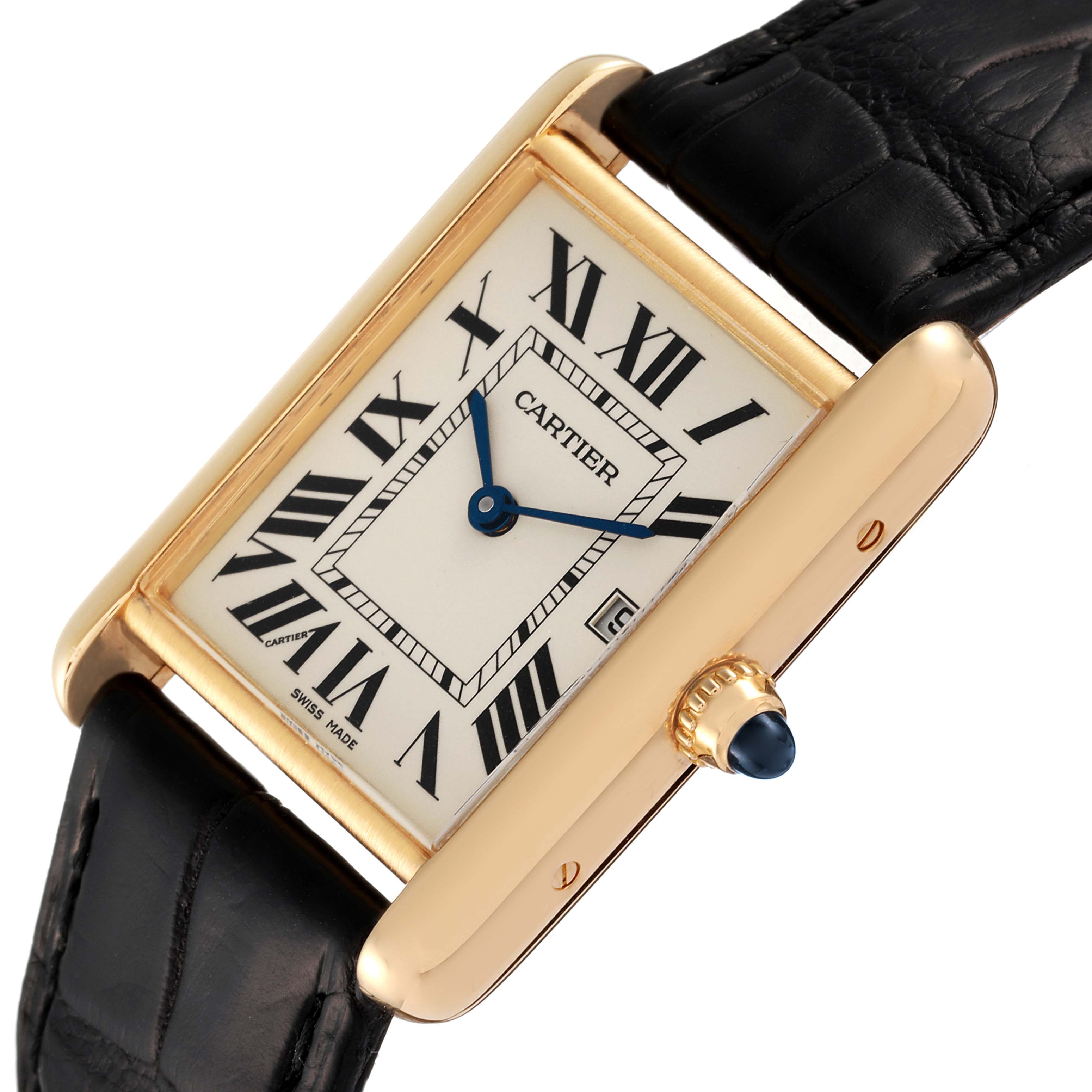 The image shows a close-up, angled view of a Cartier Tank Louis W1529756 Men's Yellow Gold Silver Dial W1529756 Men's Yellow Gold Silver Dial watch, highlighting the face, crown, and part of the leather strap.