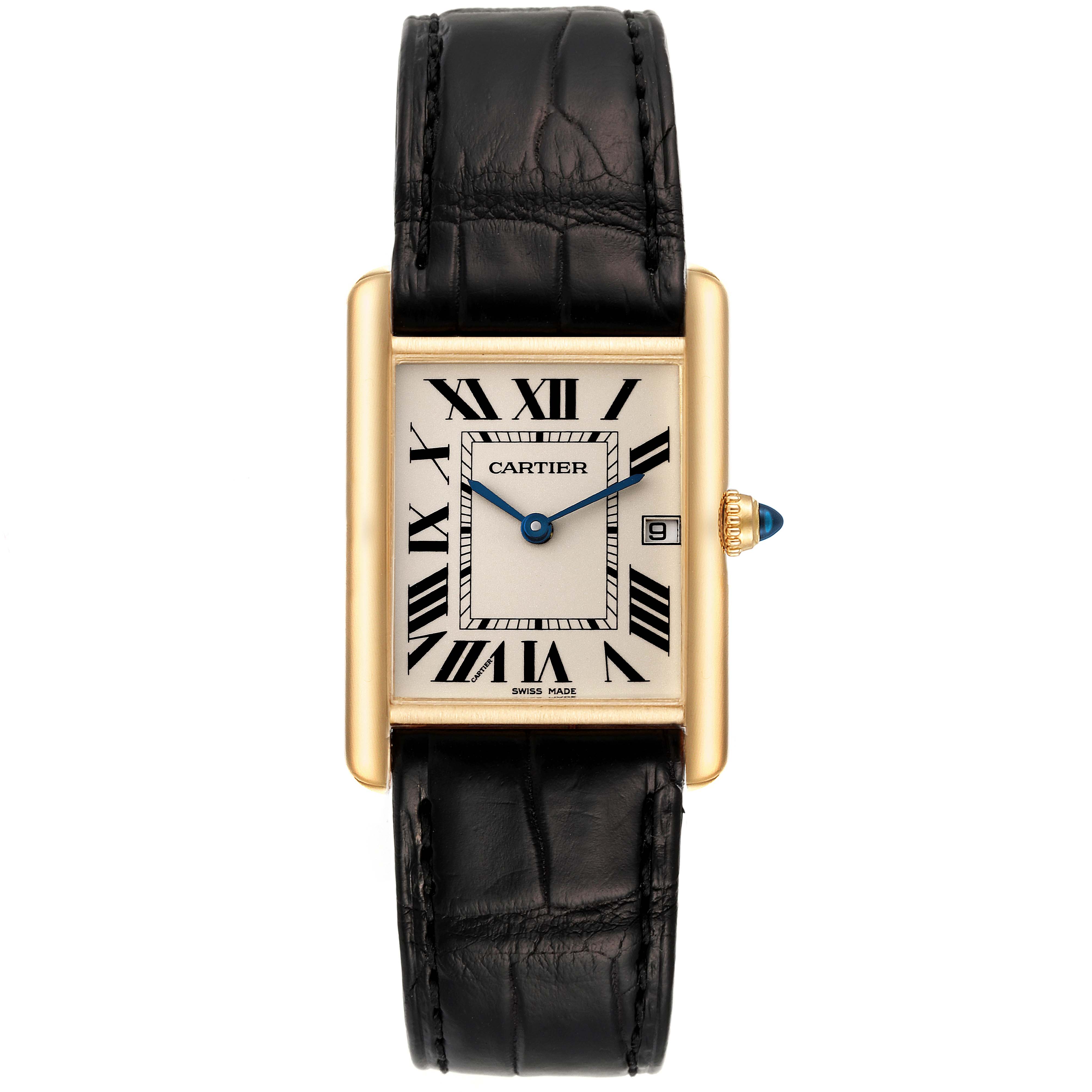 The image shows a Cartier Tank Louis W1529756 Men's Yellow Gold Silver Dial W1529756 Men's Yellow Gold Silver Dial model watch from a straight-on angle, highlighting its rectangular face, Roman numerals, and leather strap.