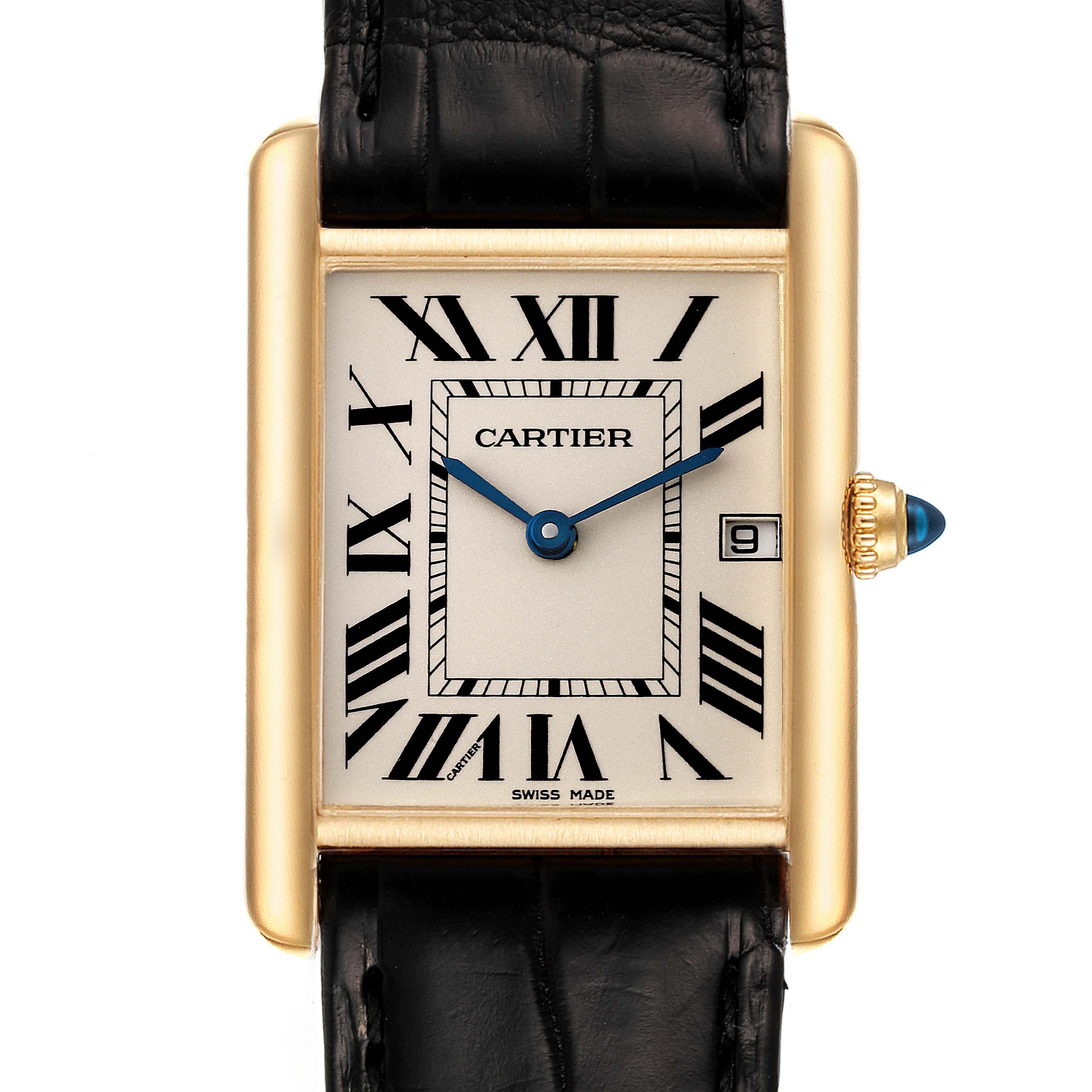 The image shows a front view of the Cartier Tank Louis W1529756 Men's Yellow Gold Silver Dial W1529756 Men's Yellow Gold Silver Dial watch, highlighting its face, hands, crown, and strap.