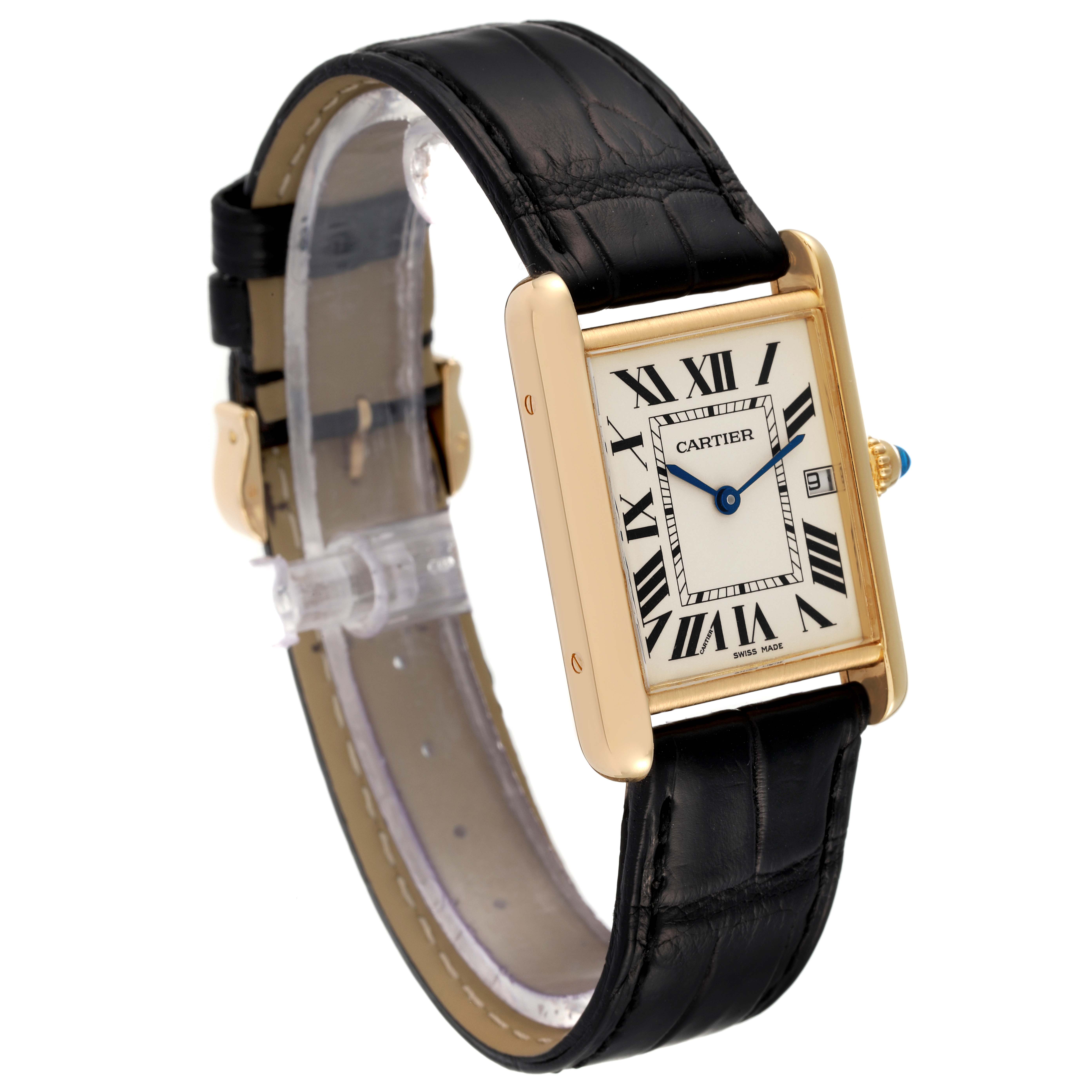 This image shows the Cartier Tank Louis W1529756 Men's Yellow Gold Silver Dial W1529756 Men's Yellow Gold Silver Dial watch at an angle, displaying its rectangular face, gold casing, black leather strap, and Roman numerals.