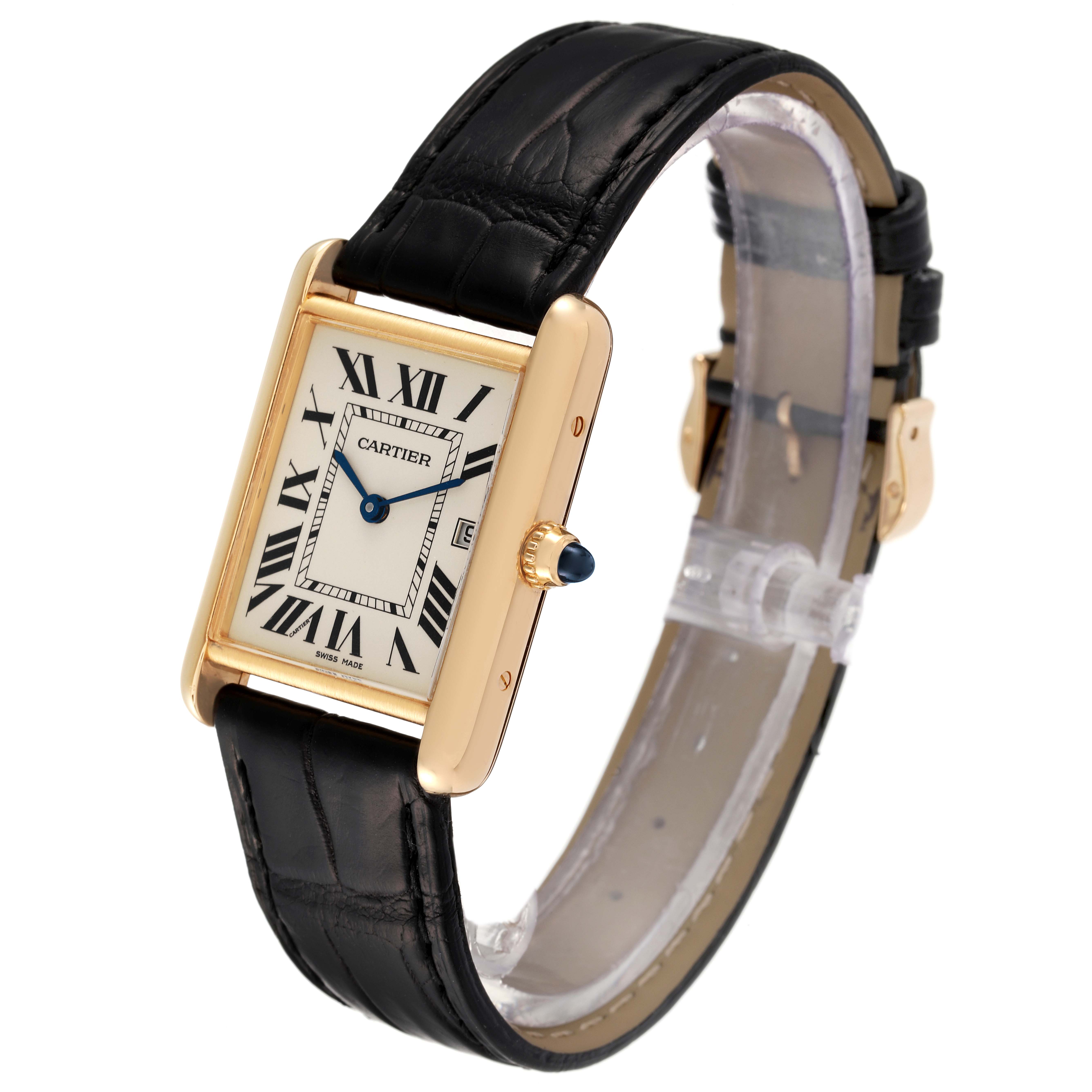 The image shows a Cartier Tank Louis W1529756 Men's Yellow Gold Silver Dial W1529756 Men's Yellow Gold Silver Dial watch from an angled side view, displaying its face, crown, and black leather strap.