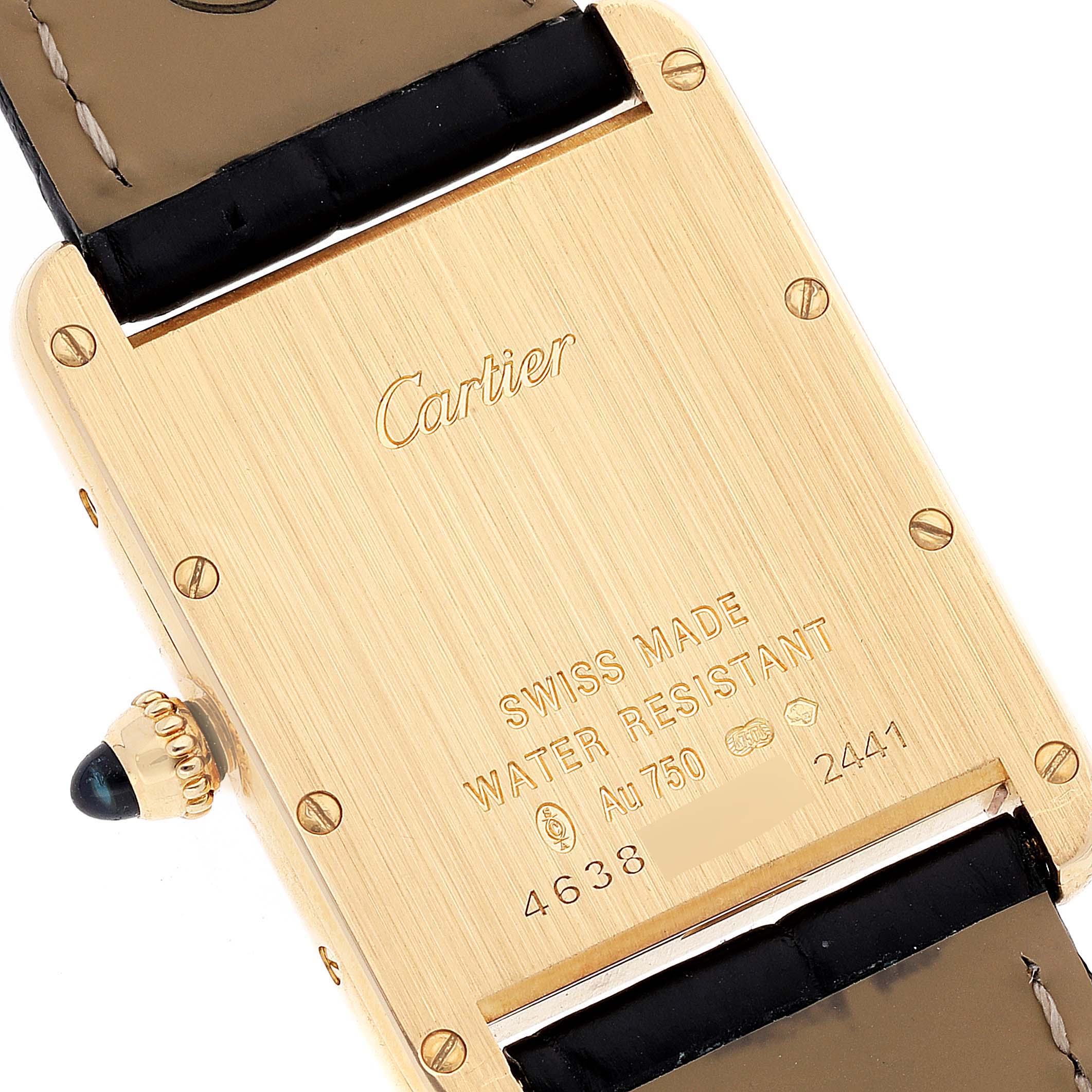 The image shows the caseback and part of the strap of a Cartier Tank Louis W1529756 Men's Yellow Gold Silver Dial W1529756 Men's Yellow Gold Silver Dial watch, revealing engravings and the crown.