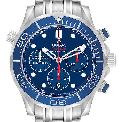 The image shows a front view of the Omega Seamaster 212.30.44.50.03.001 Men's Stainless Steel Blue Dial watch, displaying its blue dial, bezel, and stainless steel bracelet.