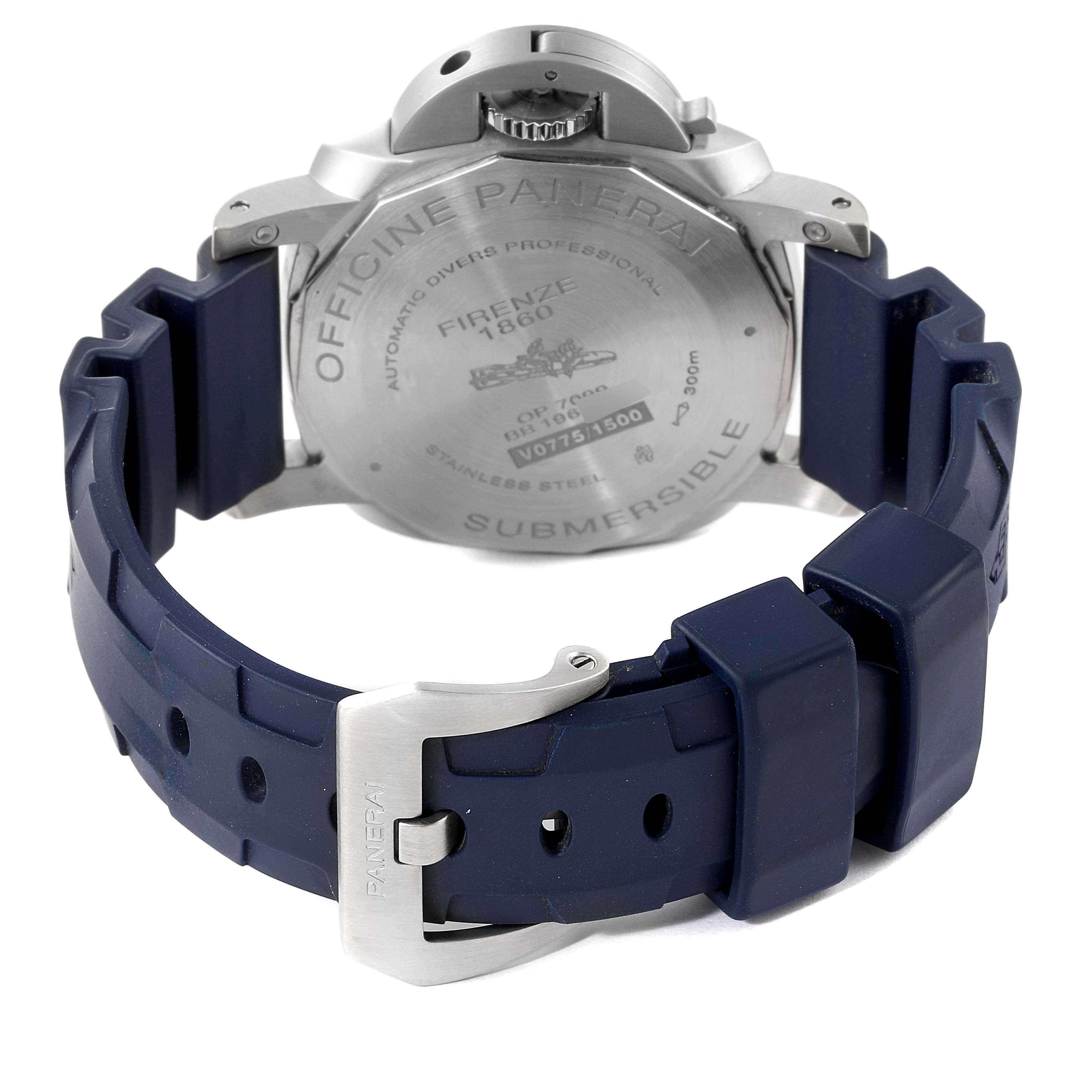 The image shows the back of a Panerai Submersible PAM00959 Men's Stainless Steel Grey Dial PAM00959 Men's Stainless Steel Grey Dial watch and its dark blue strap with a branded buckle.