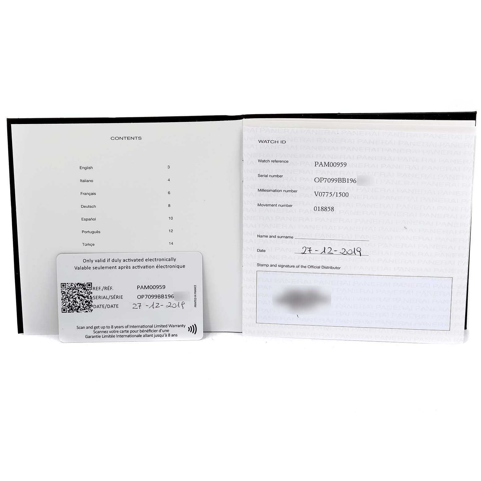 The image shows the warranty and authenticity booklet for the Panerai Submersible PAM00959 Men's Stainless Steel Grey Dial PAM00959 Men's Stainless Steel Grey Dial model, along with its watch ID card.