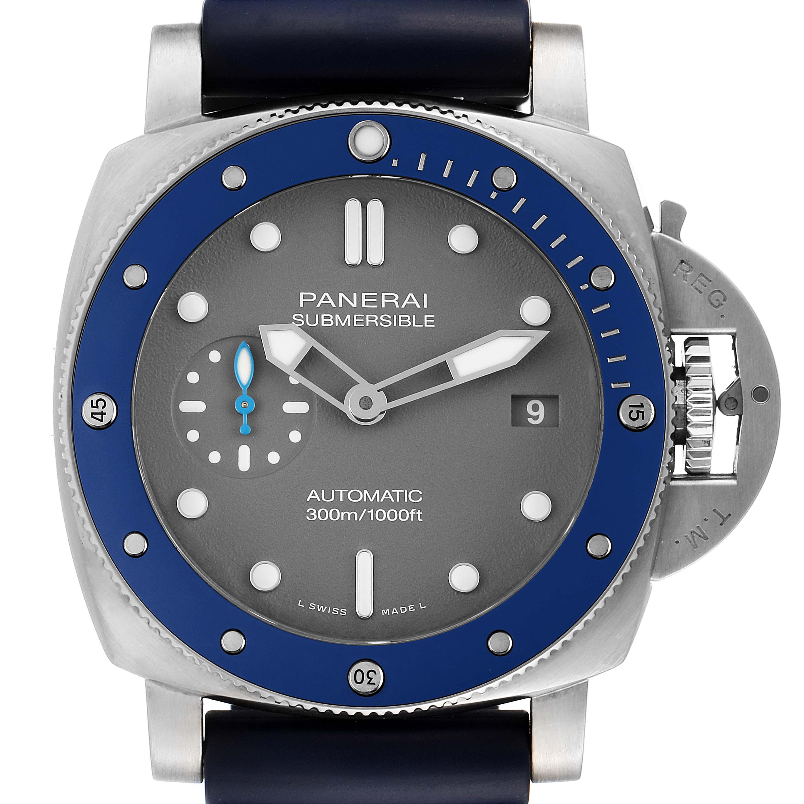 The Panerai Submersible PAM00959 Men's Stainless Steel Grey Dial PAM00959 Men's Stainless Steel Grey Dial watch is shown from a front angle, displaying the dial, bezel, crown guard, and part of the strap.