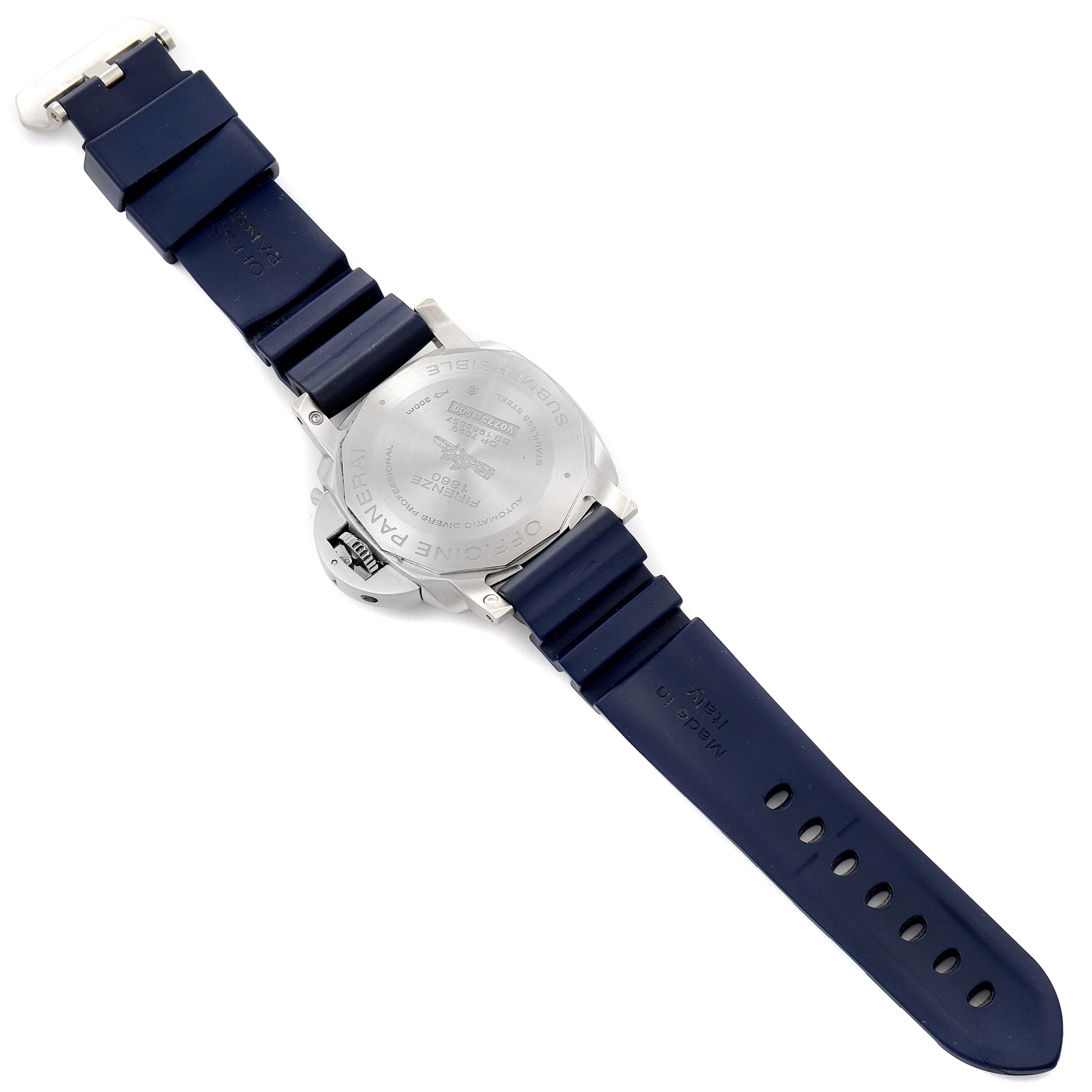 The image shows the back of a Panerai Submersible PAM00959 Men's Stainless Steel Grey Dial PAM00959 Men's Stainless Steel Grey Dial watch with a blue rubber strap.
