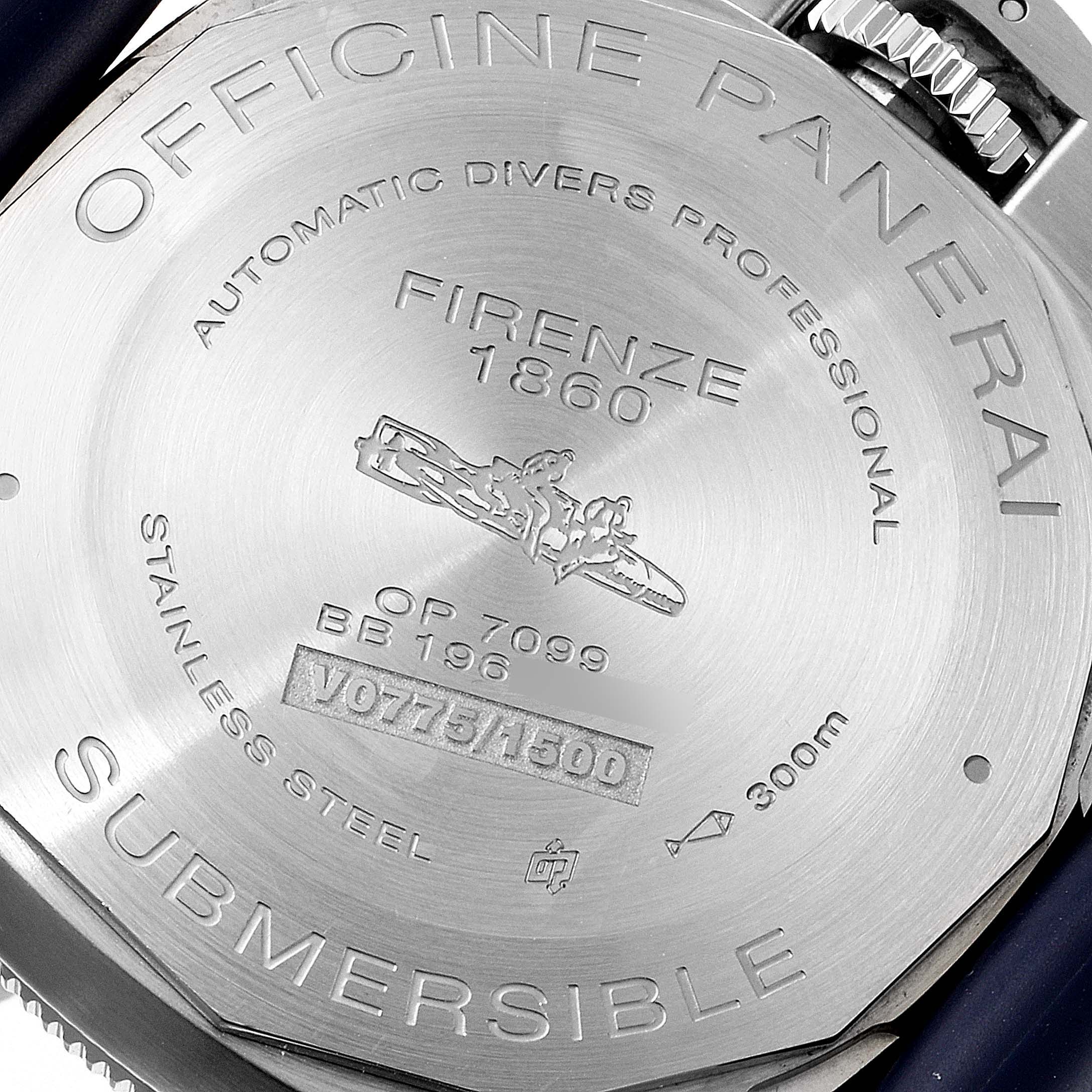 The image shows the case back of the Panerai Submersible PAM00959 Men's Stainless Steel Grey Dial PAM00959 Men's Stainless Steel Grey Dial watch, highlighting its engraving and branding details.
