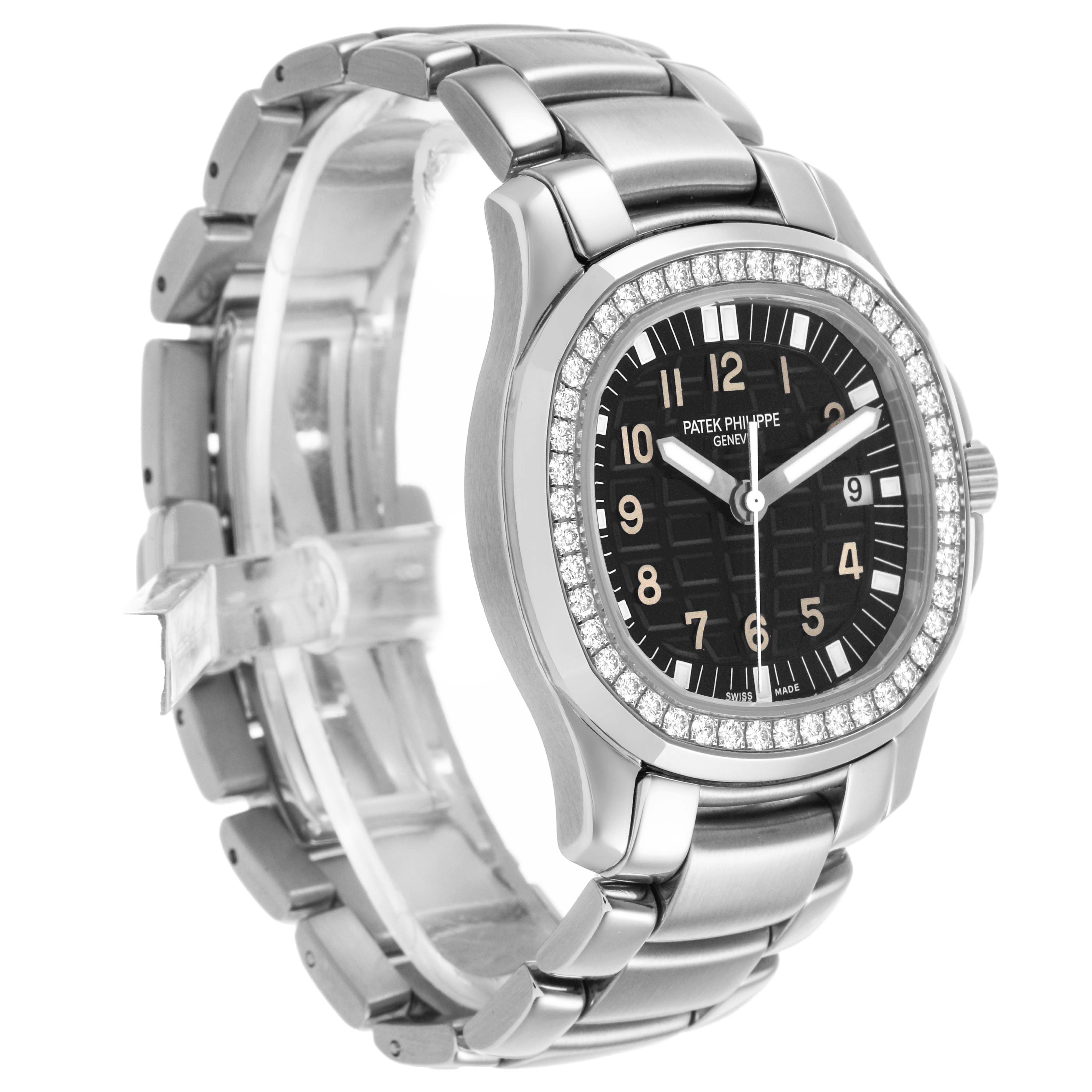 The image shows a Patek Philippe Aquanaut 5087/1A-001 Women's Stainless Steel Black Dial watch at a three-quarter angle, highlighting the face, bezel, and bracelet.
