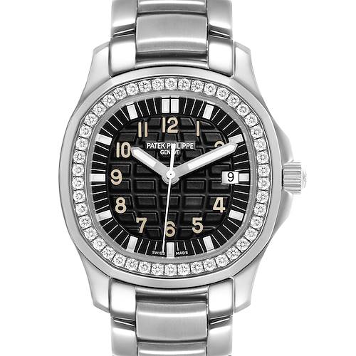 The Patek Philippe Aquanaut 5087/1A-001 Women's Stainless Steel Black Dial watch is shown from a front angle, featuring the dial, bezel, and part of the bracelet.