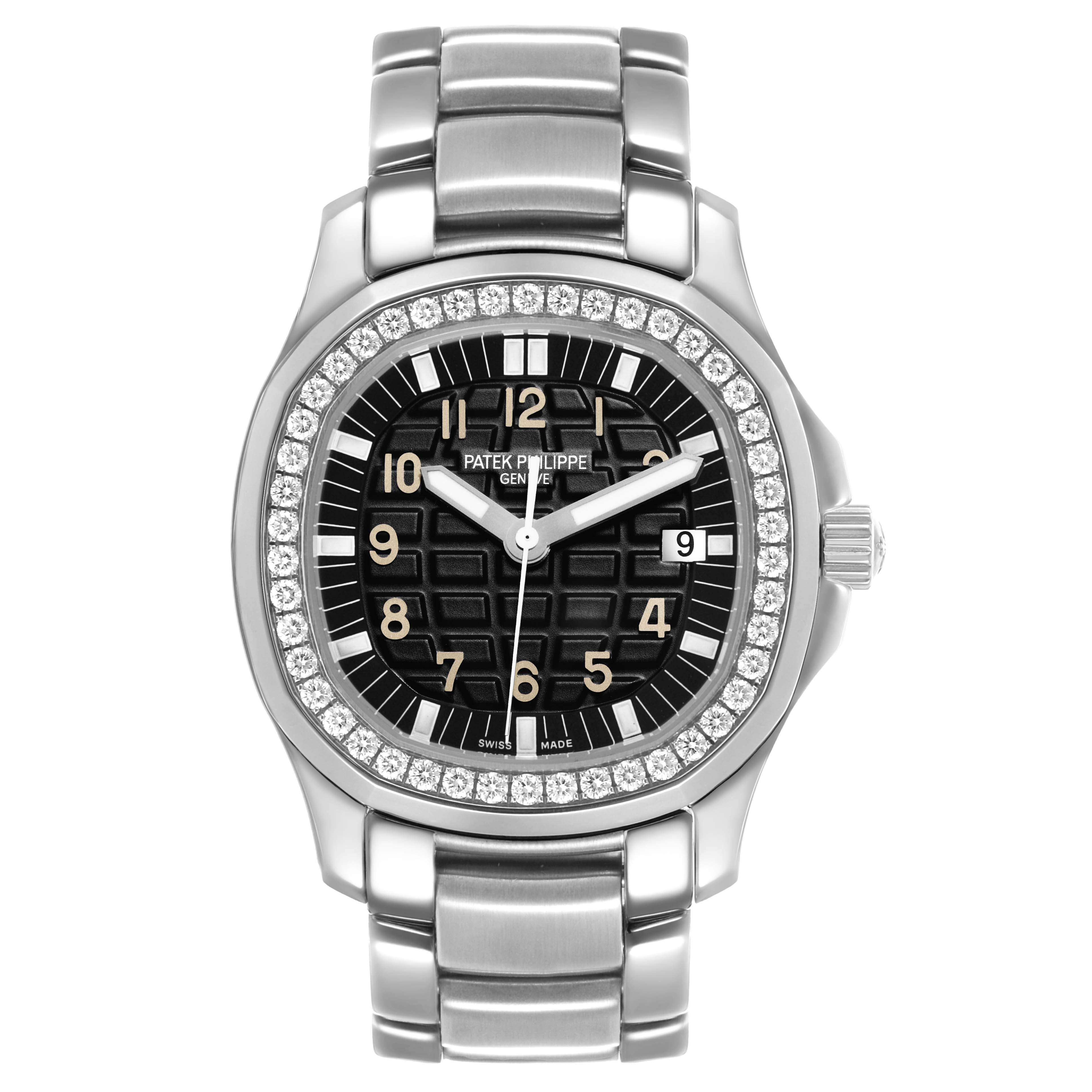 The Patek Philippe Aquanaut 5087/1A-001 Women's Stainless Steel Black Dial watch is shown from a top-down angle, highlighting the dial, bezel, and bracelet.