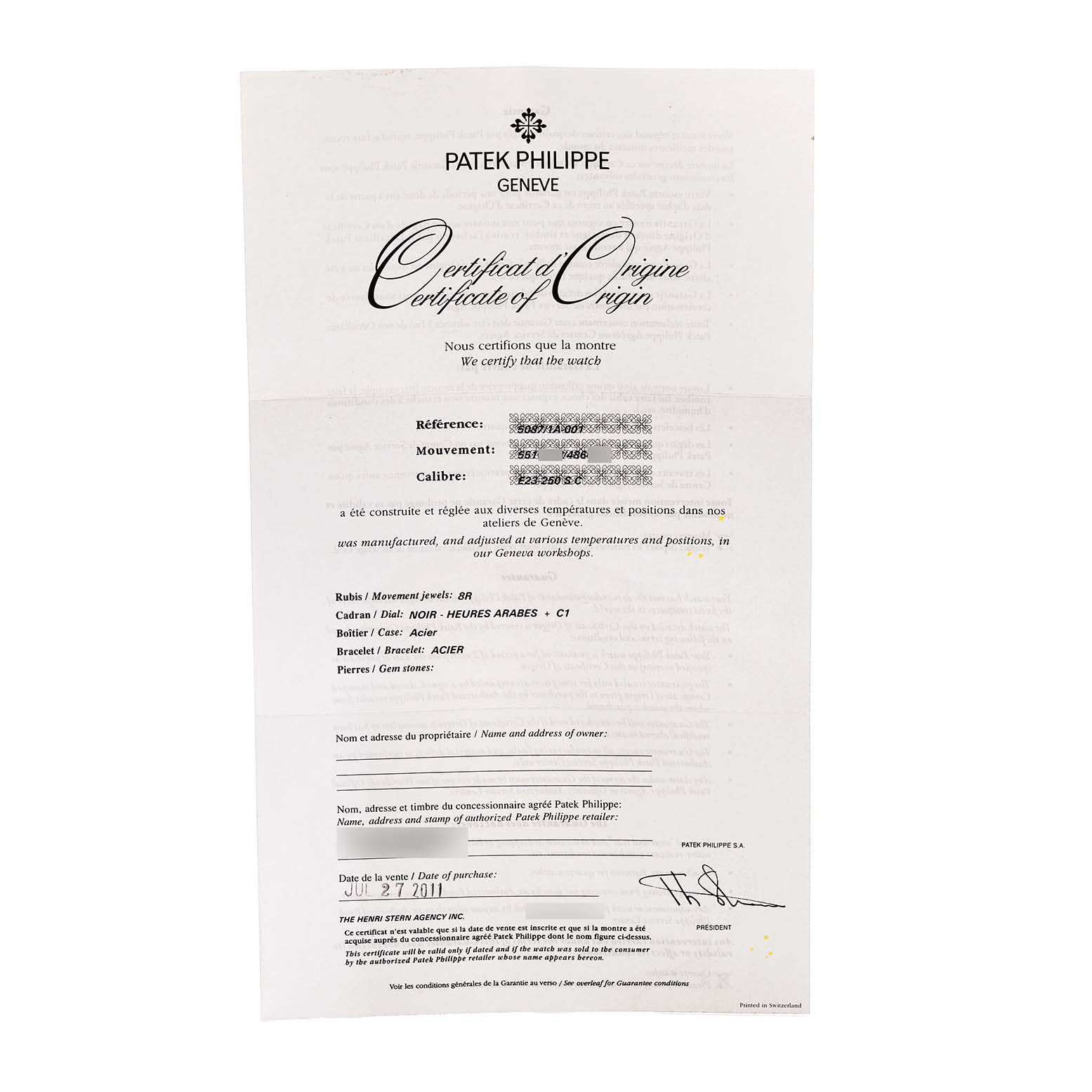 The image shows the Certificate of Origin for a Patek Philippe Aquanaut 5087/1A-001 Women's Stainless Steel Black Dial watch from a top view, detailing its specifications.