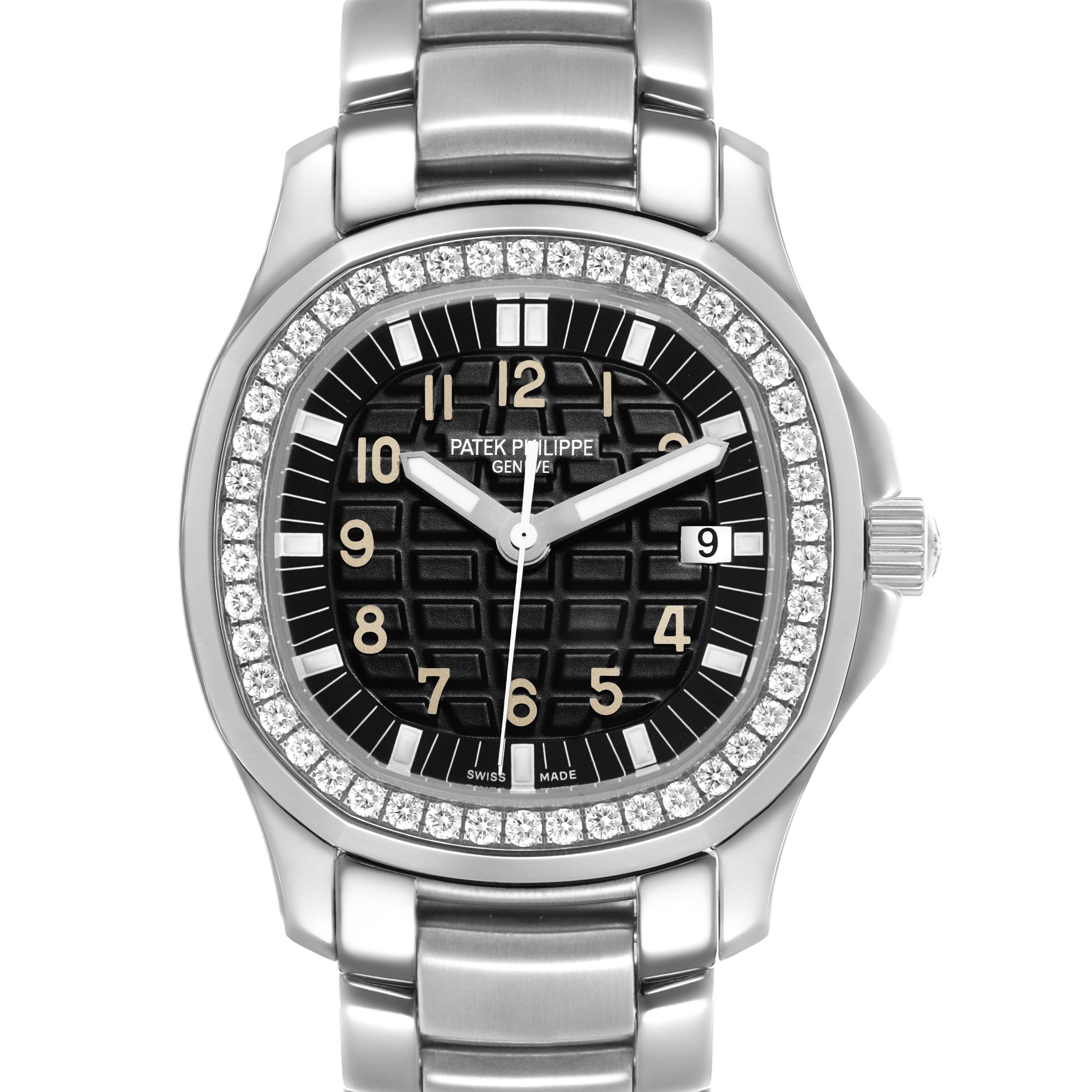 The Patek Philippe Aquanaut 5087/1A-001 Women's Stainless Steel Black Dial watch is shown from the front, displaying the face, bezel, and bracelet.