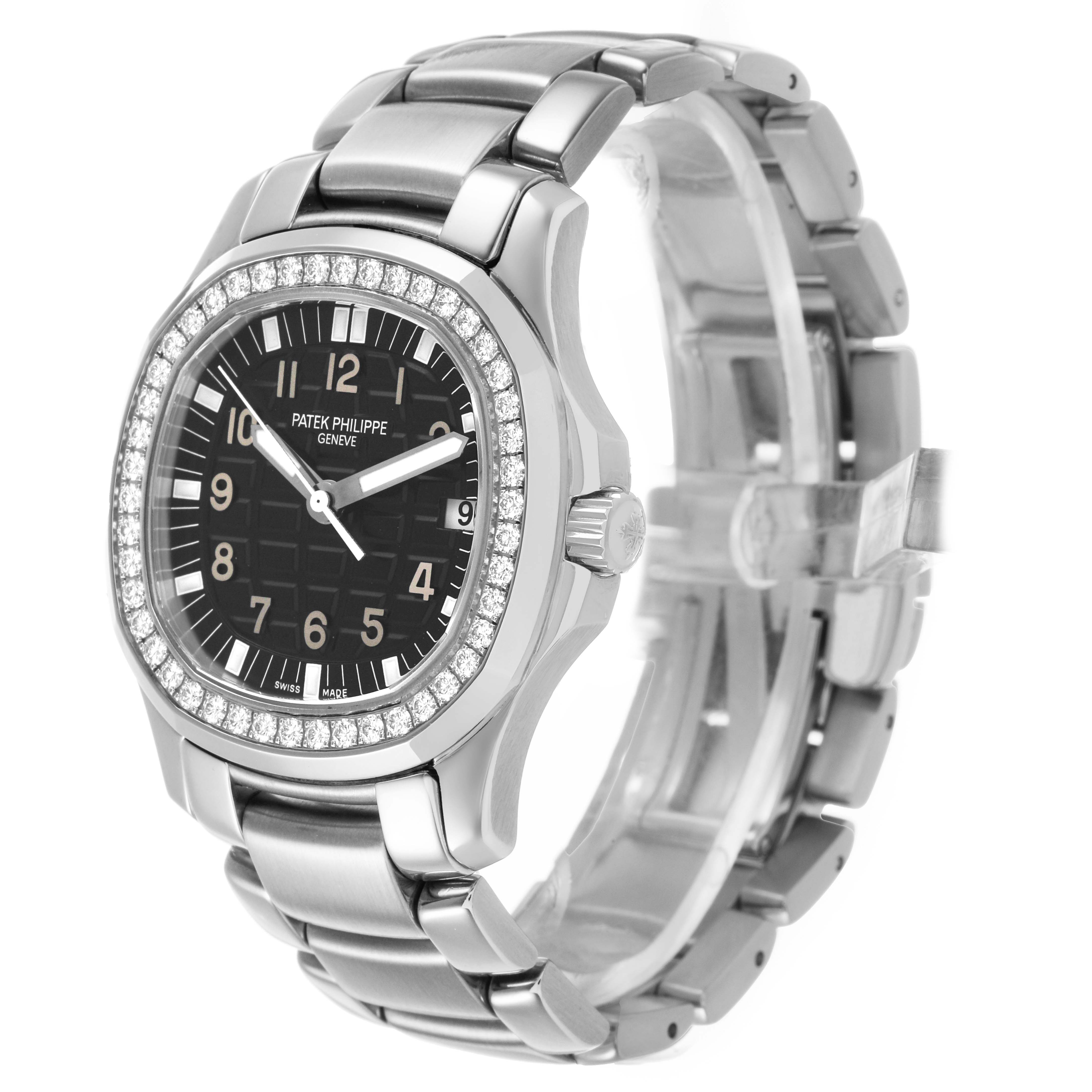 The Patek Philippe Aquanaut 5087/1A-001 Women's Stainless Steel Black Dial watch is shown at a three-quarter angle, highlighting its face, bezel, and bracelet.