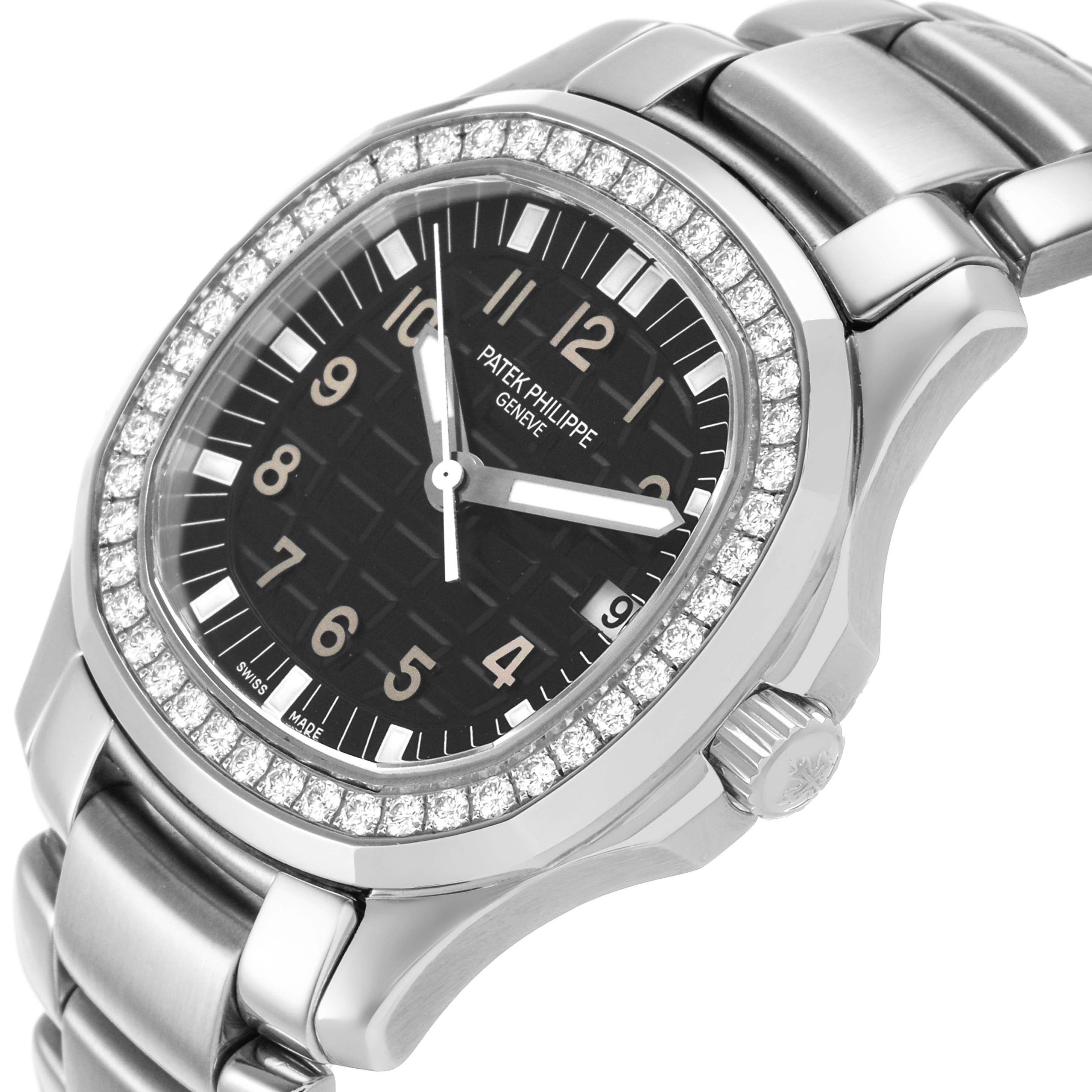 The Patek Philippe Aquanaut 5087/1A-001 Women's Stainless Steel Black Dial watch is shown at a slight angle, highlighting the dial, bezel, and part of the bracelet.