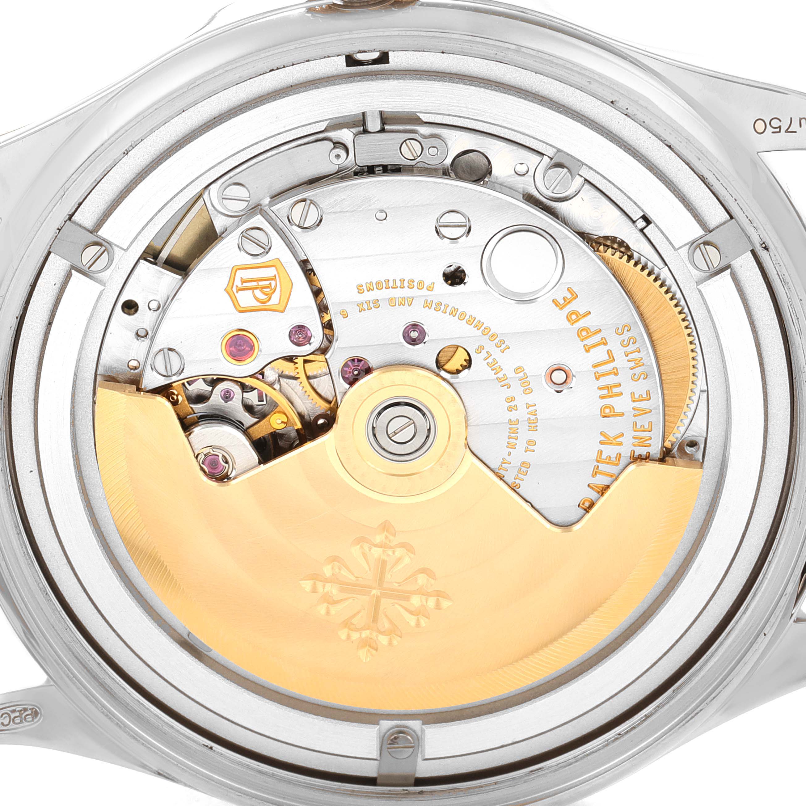 The image shows the back view of the Patek Philippe Calatrava 5296G-001 Men's White Gold Silver Dial 5296G-001 Men's White Gold Silver Dial, displaying its intricate movement and components.